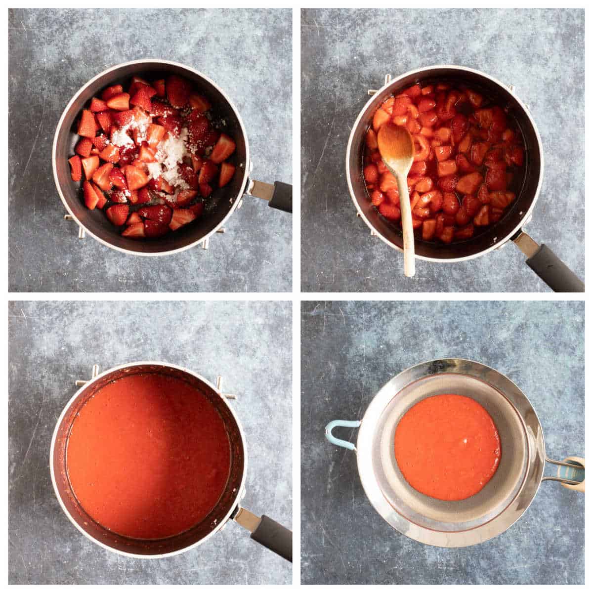 Step by step photo instructions for making strawberry coulis.