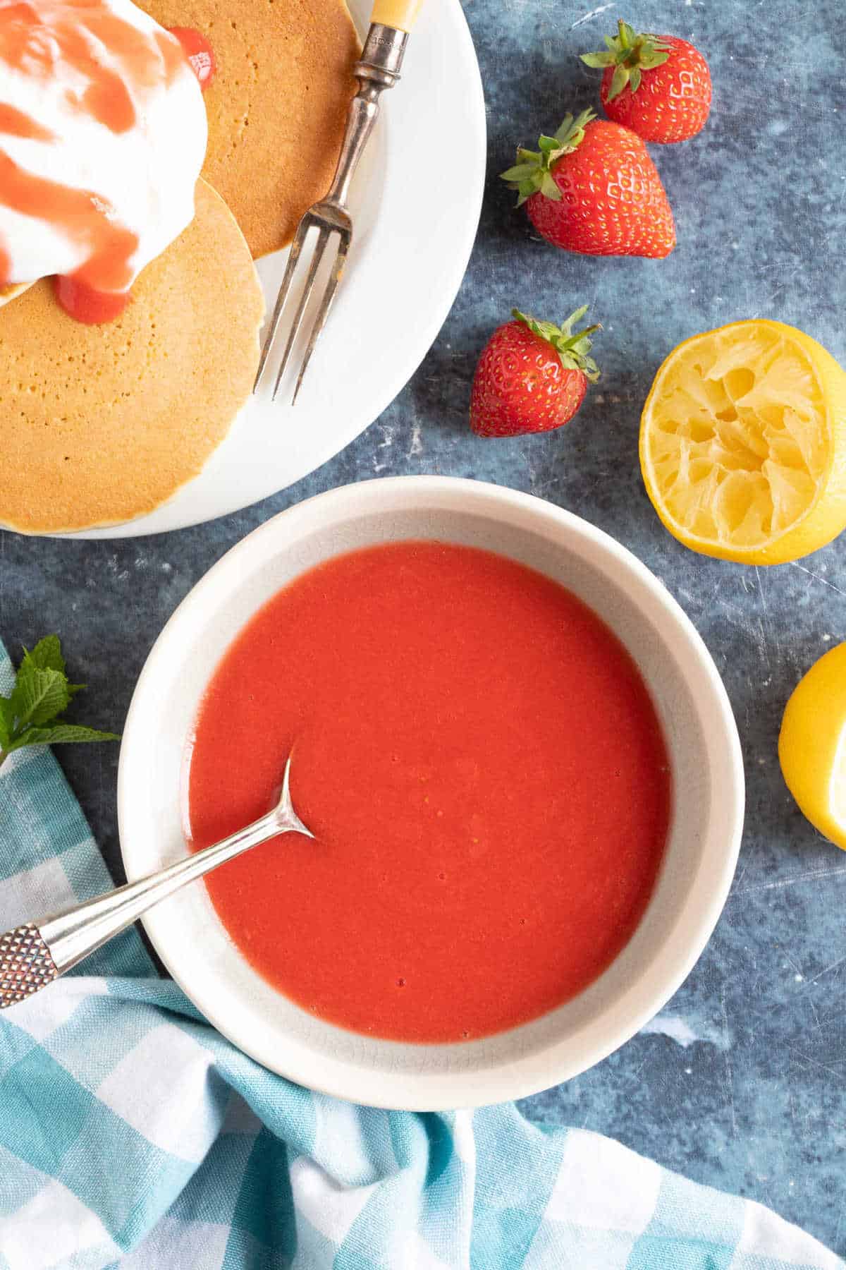 Strawberry sauce (coulis) in a bowl.