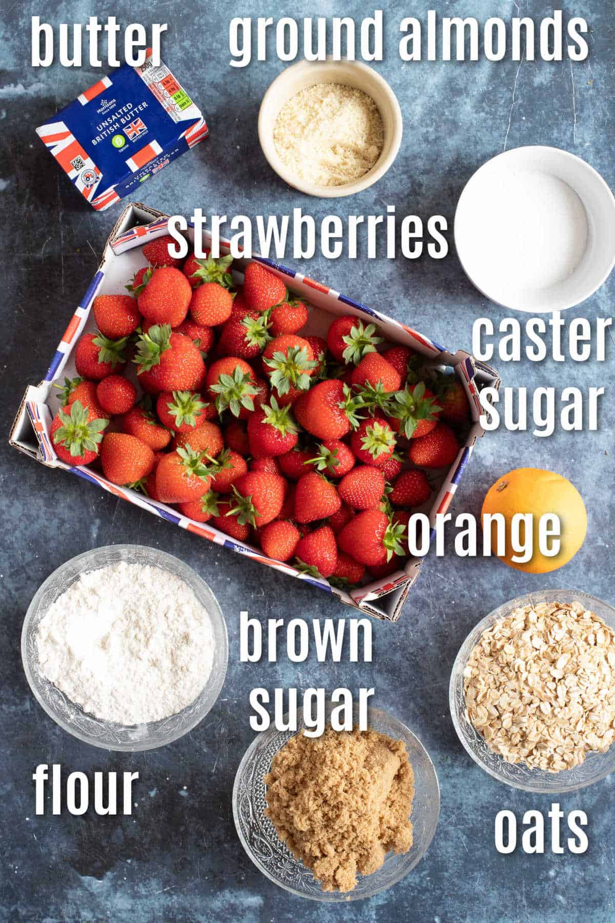 Ingredients needed to make the strawberry crumble.