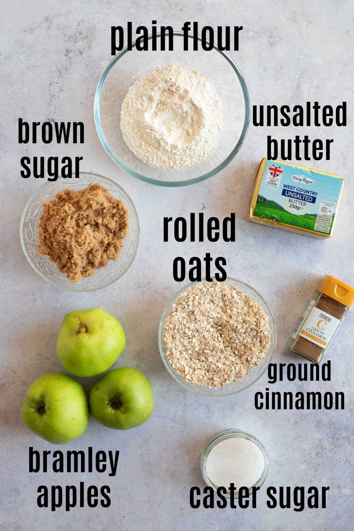 Ingredients for cinnamon apple crumble.