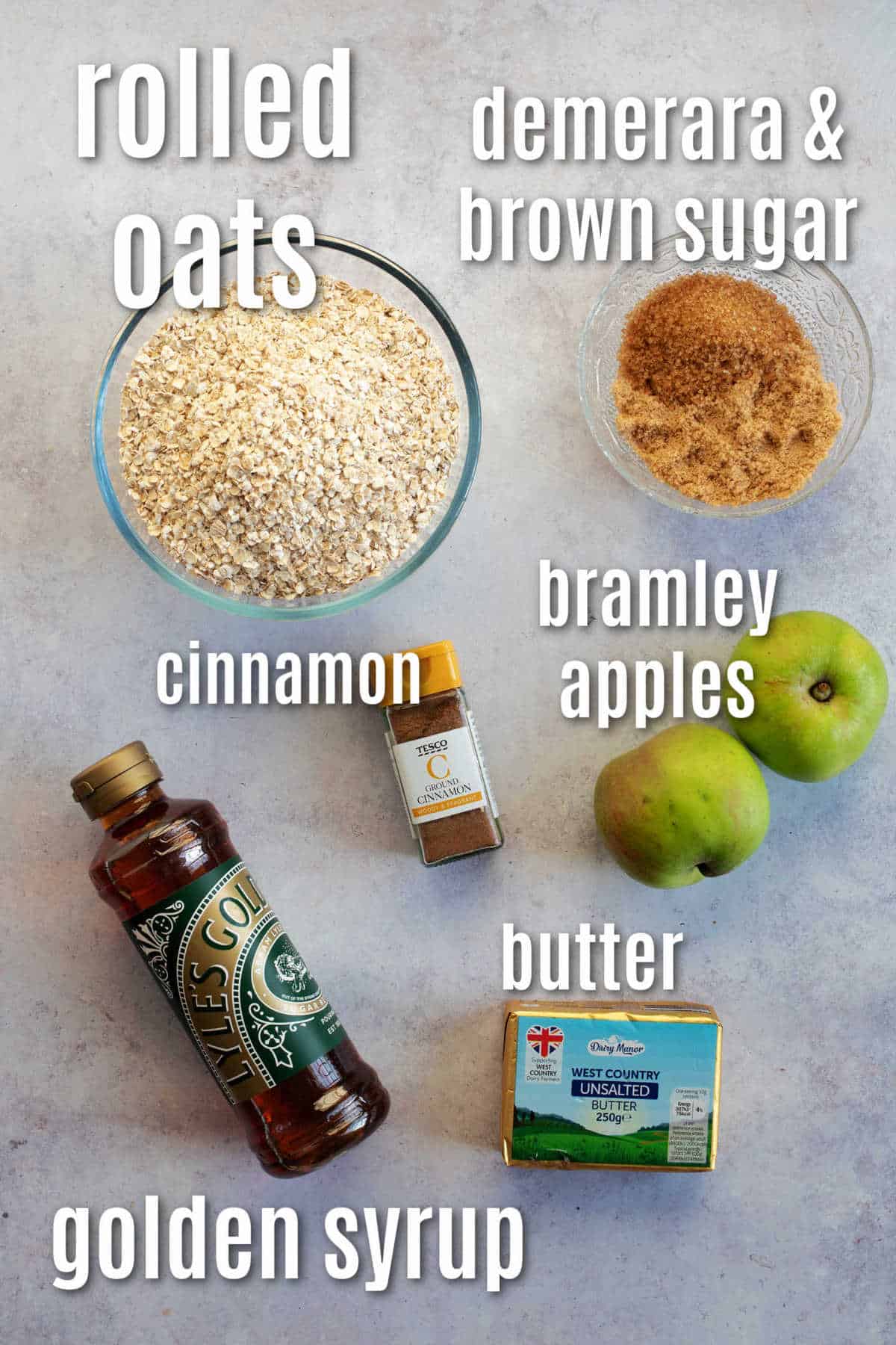 Ingredients for apple crumble flapjacks.