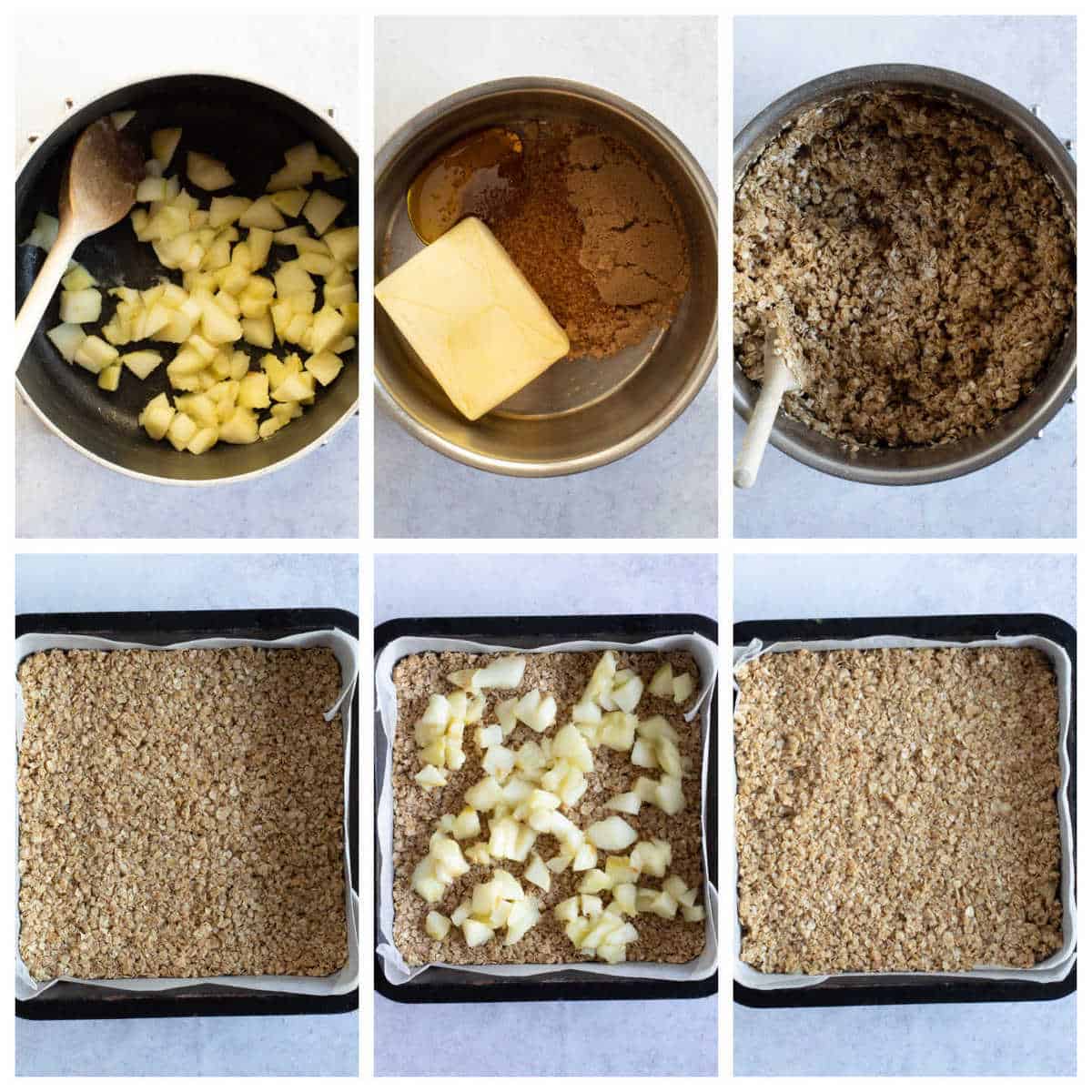 Step by step photo instructions for making apple flapjacks.