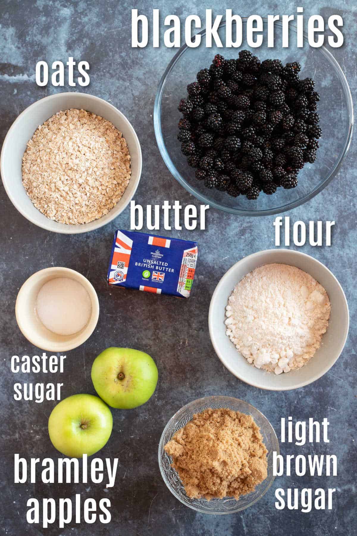 Ingredients for blackberry crumble.