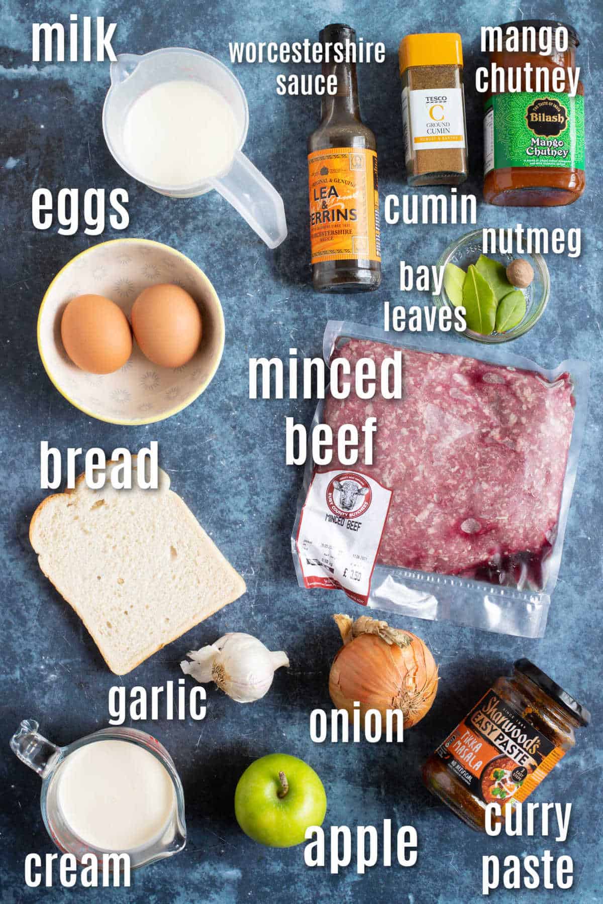 Ingredients needed to make bobotie.