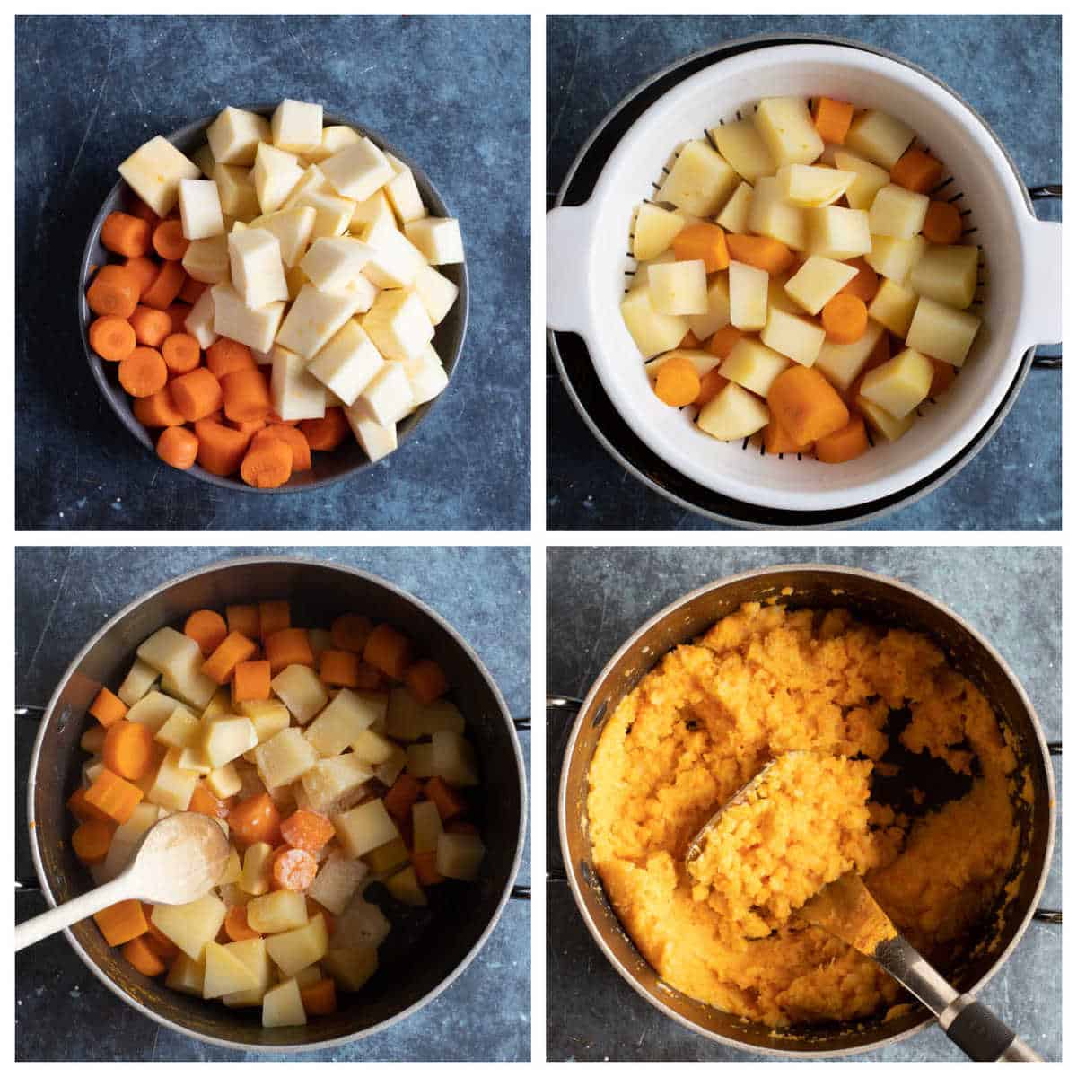 Step by step photo instructions for making swede and carrot mash.
