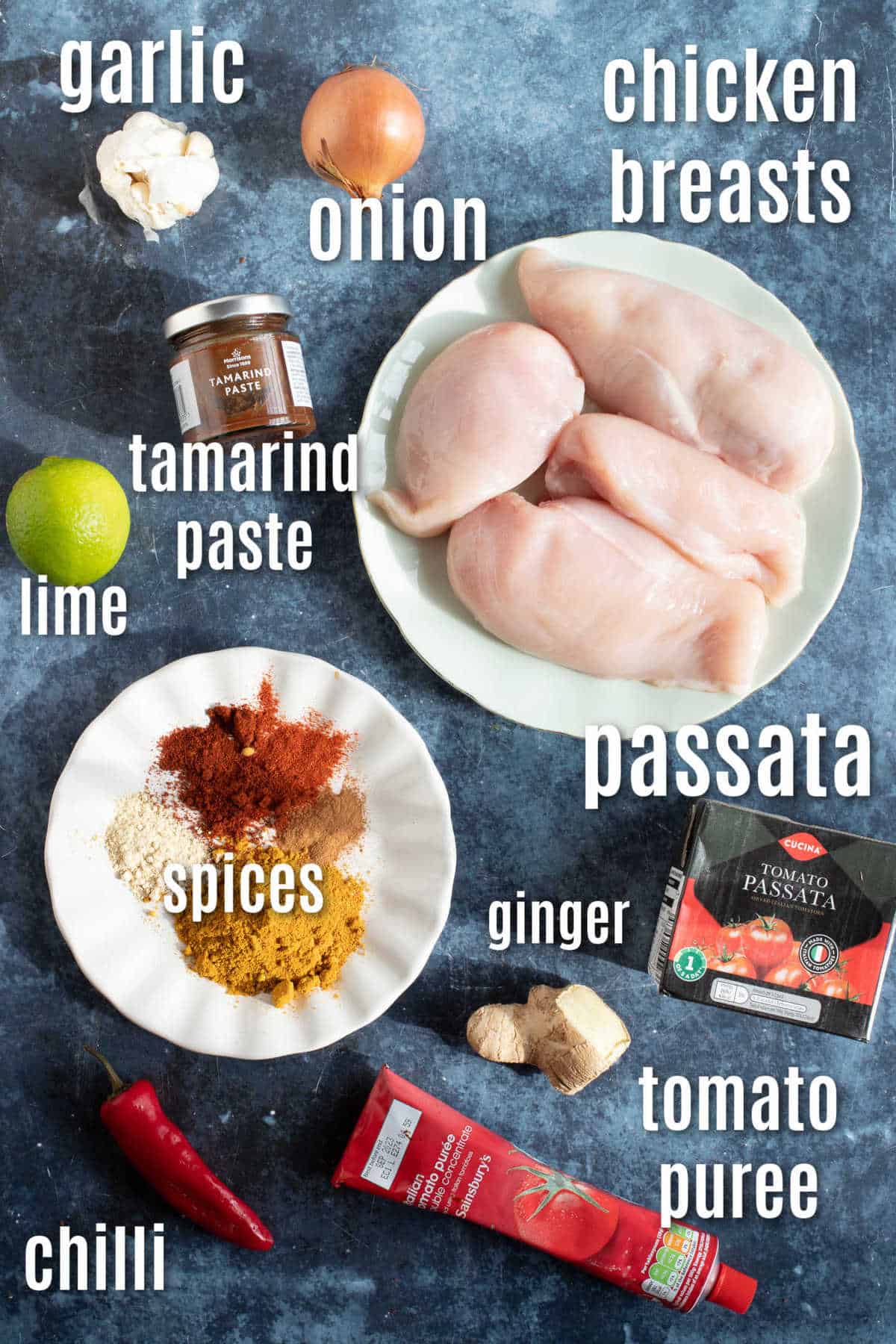 Ingredients to make chicken pathia curry.