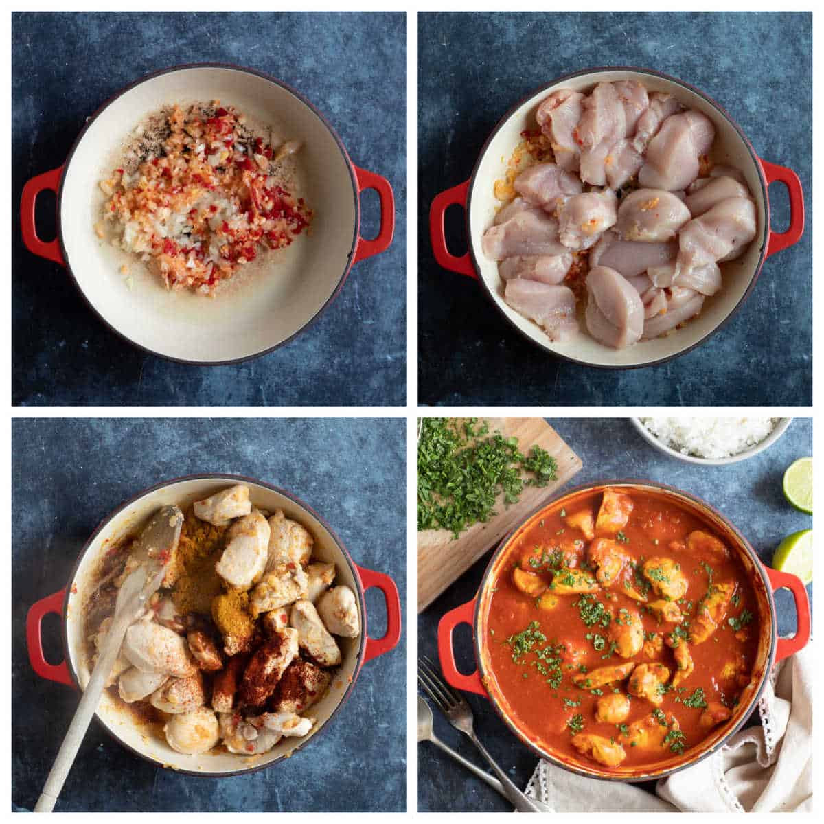 Step by step photo instructions for making chicken pathia.