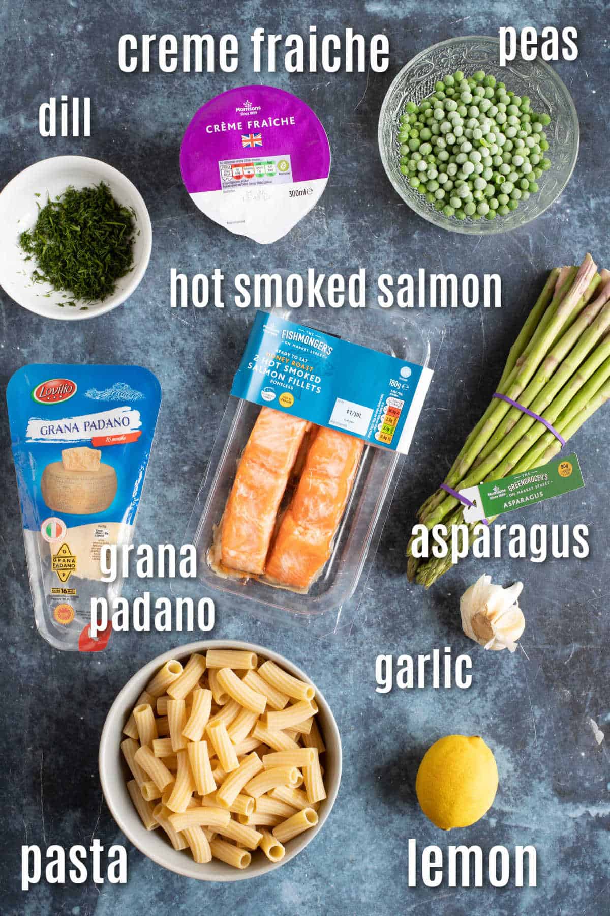 Ingredients for hot smoked salmon and asparagus pasta.