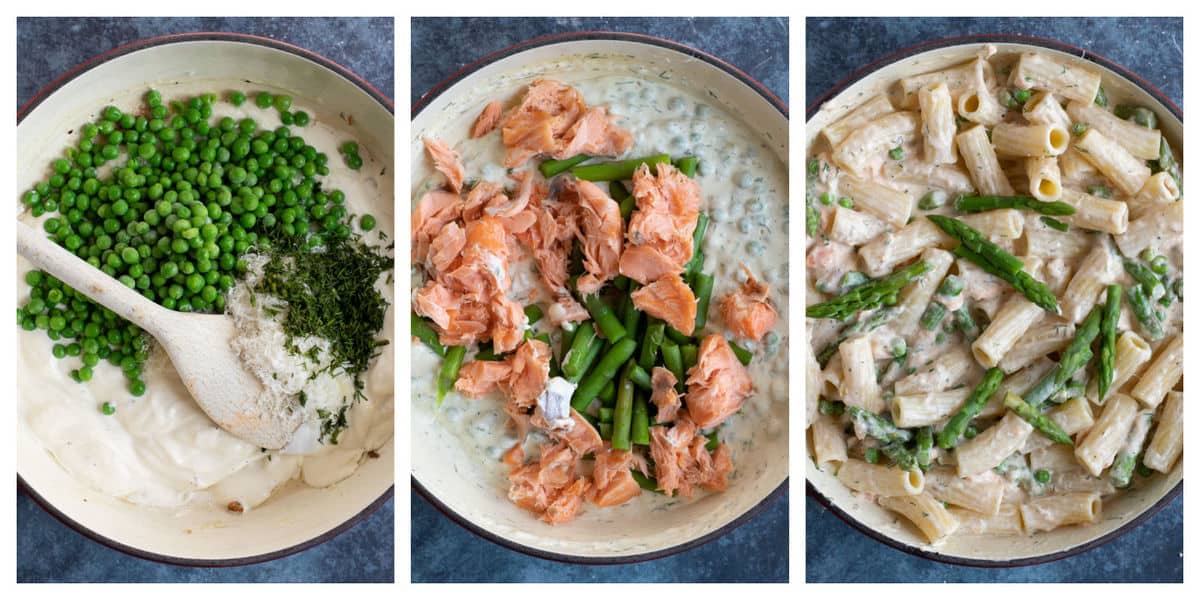 Step by step photo instructions for making hot smoked salmon pasta.