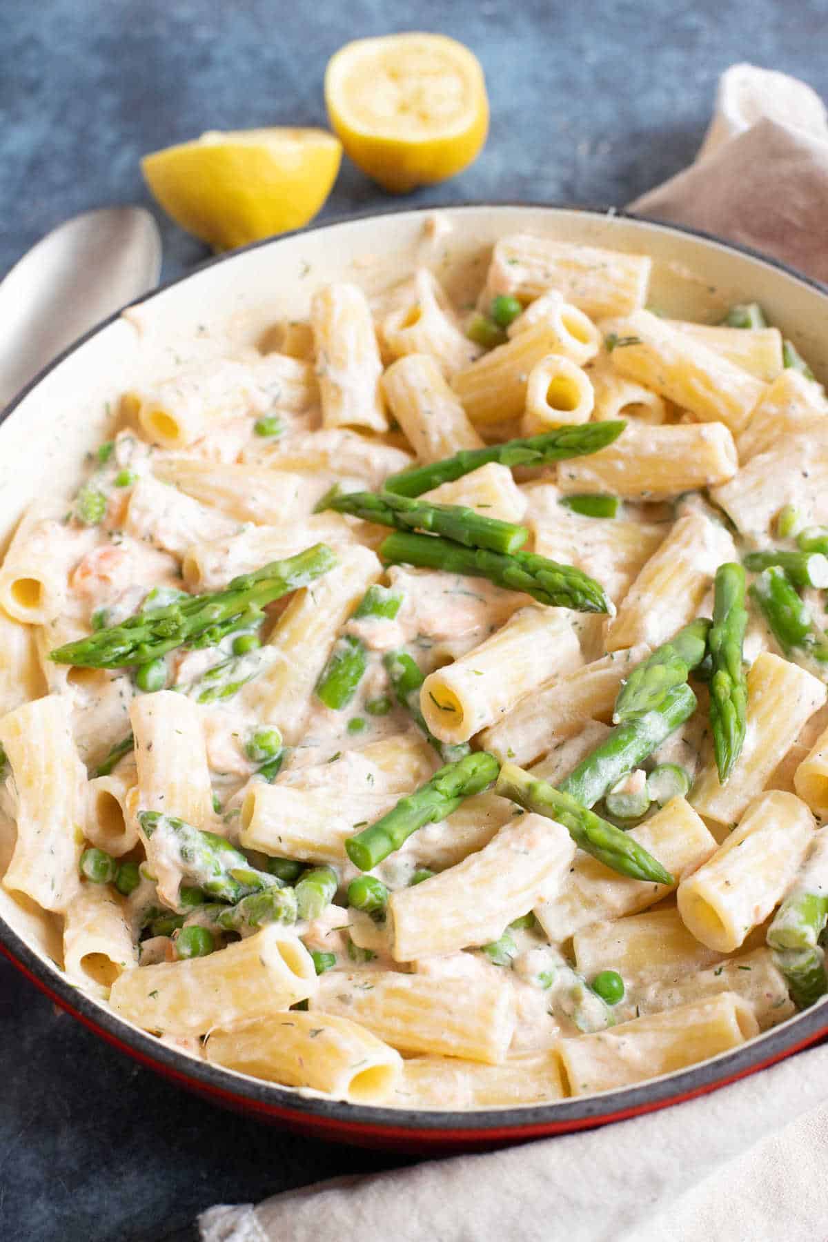 A pan of hot smoked salmon pasta.