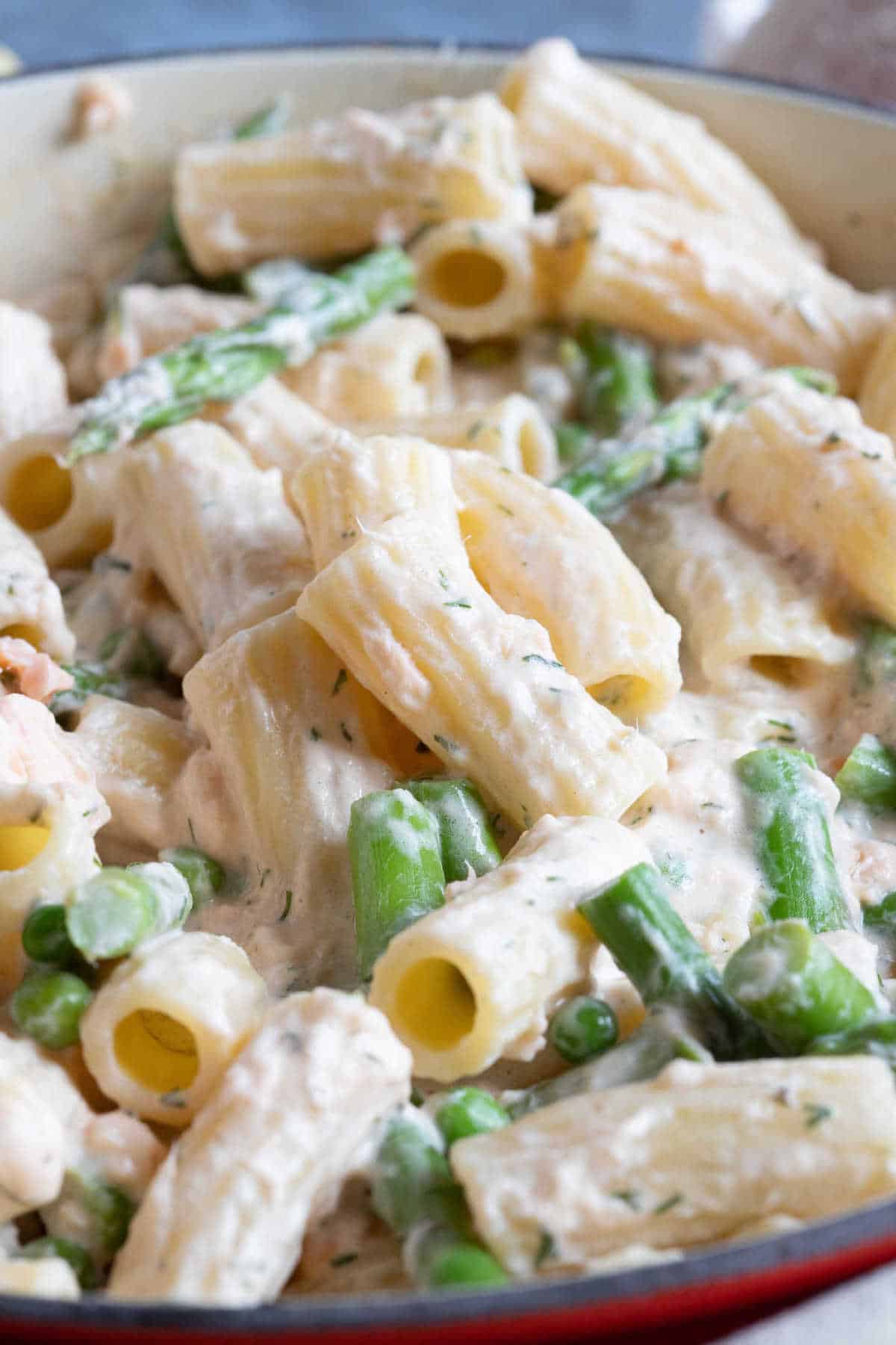 Creamy hot smoked salmon and asparagus pasta.