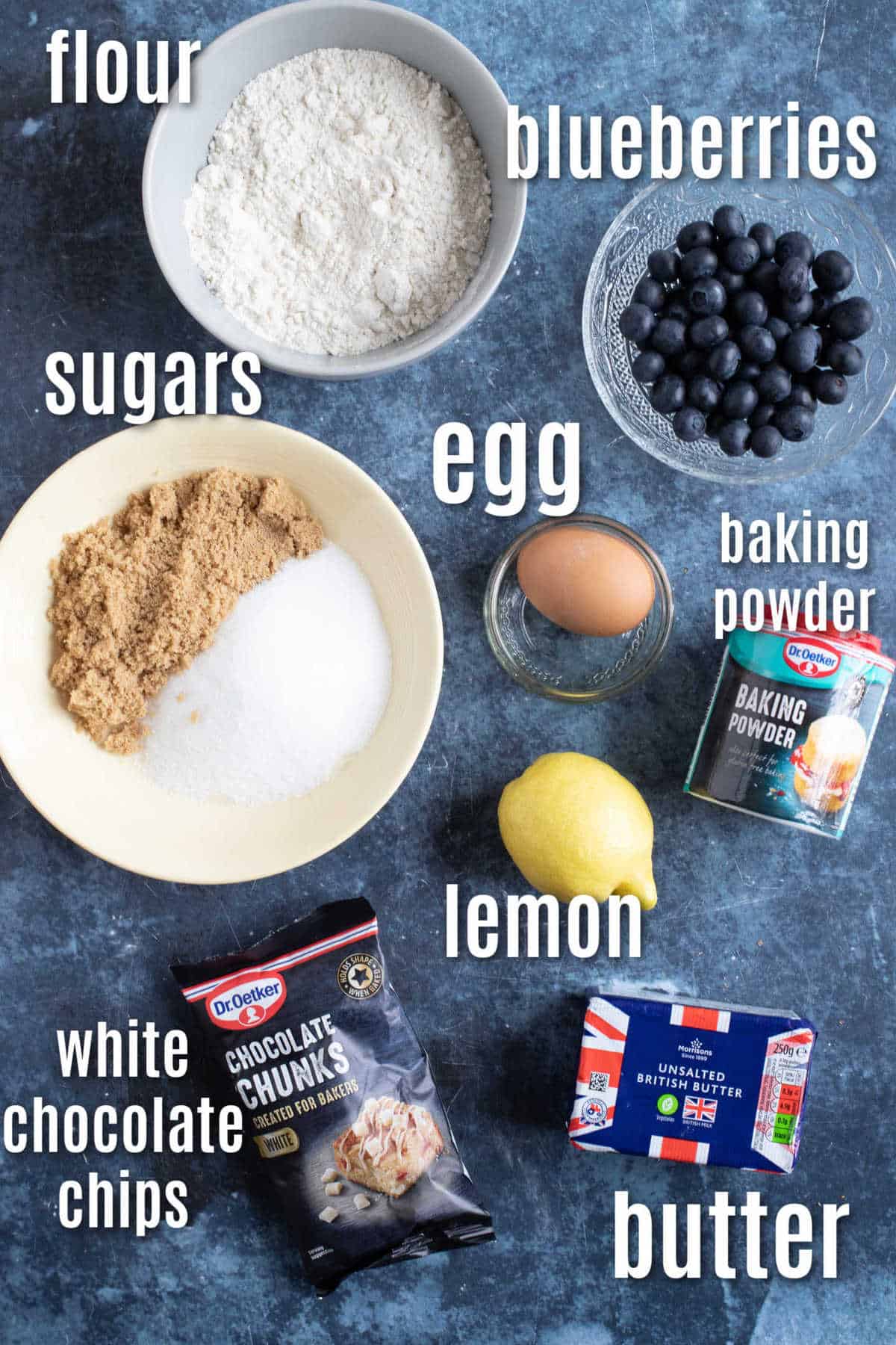 Ingredients for lemon and blueberry blondies.