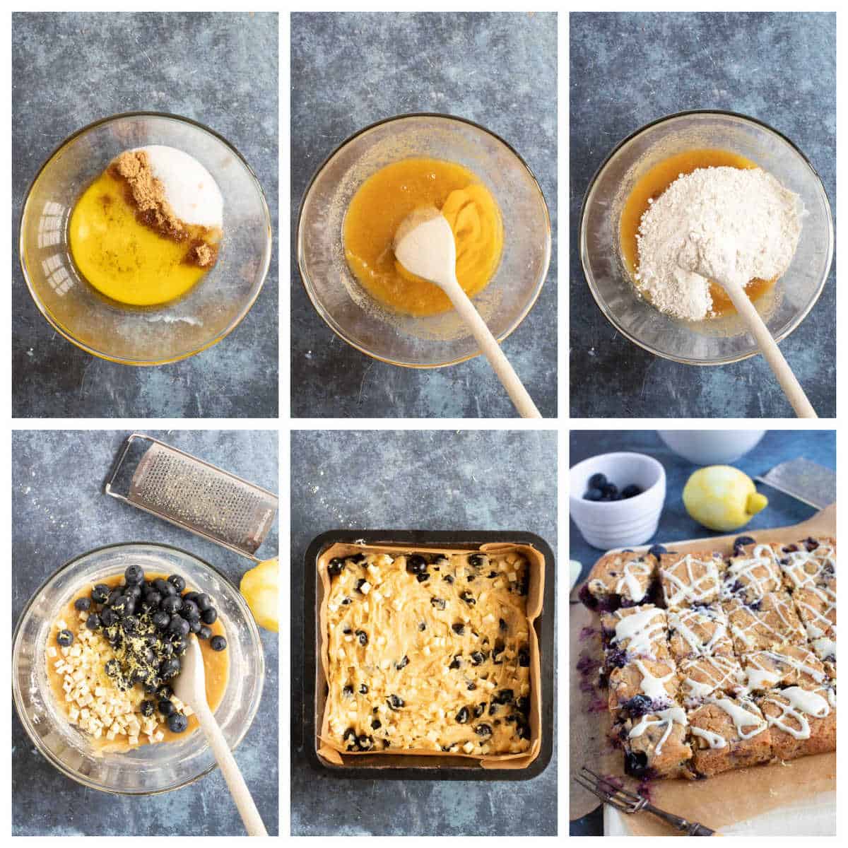 Step by step photo instructions for making lemon blueberry blondies.