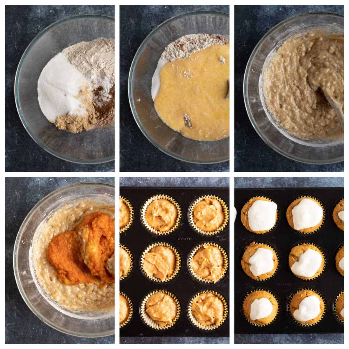 Step by step photo instructions for making cinnamon spiced pumpkin muffins with cream cheese frosting.