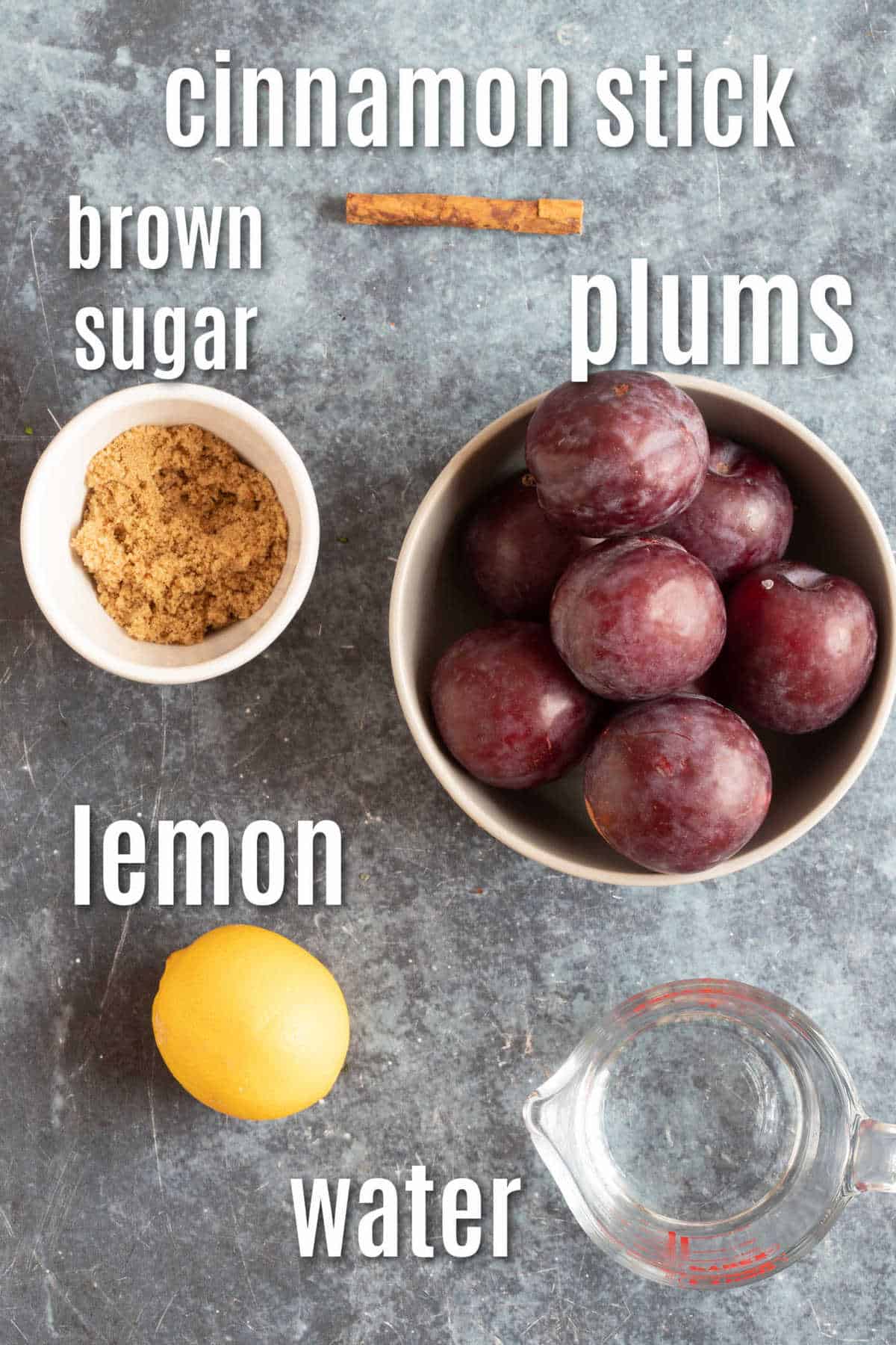 Ingredients needed to make stewed plums.