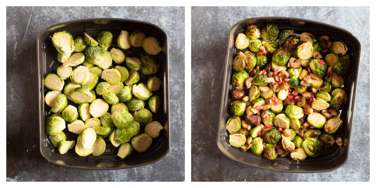 Brussels sprouts in an air fryer basket.