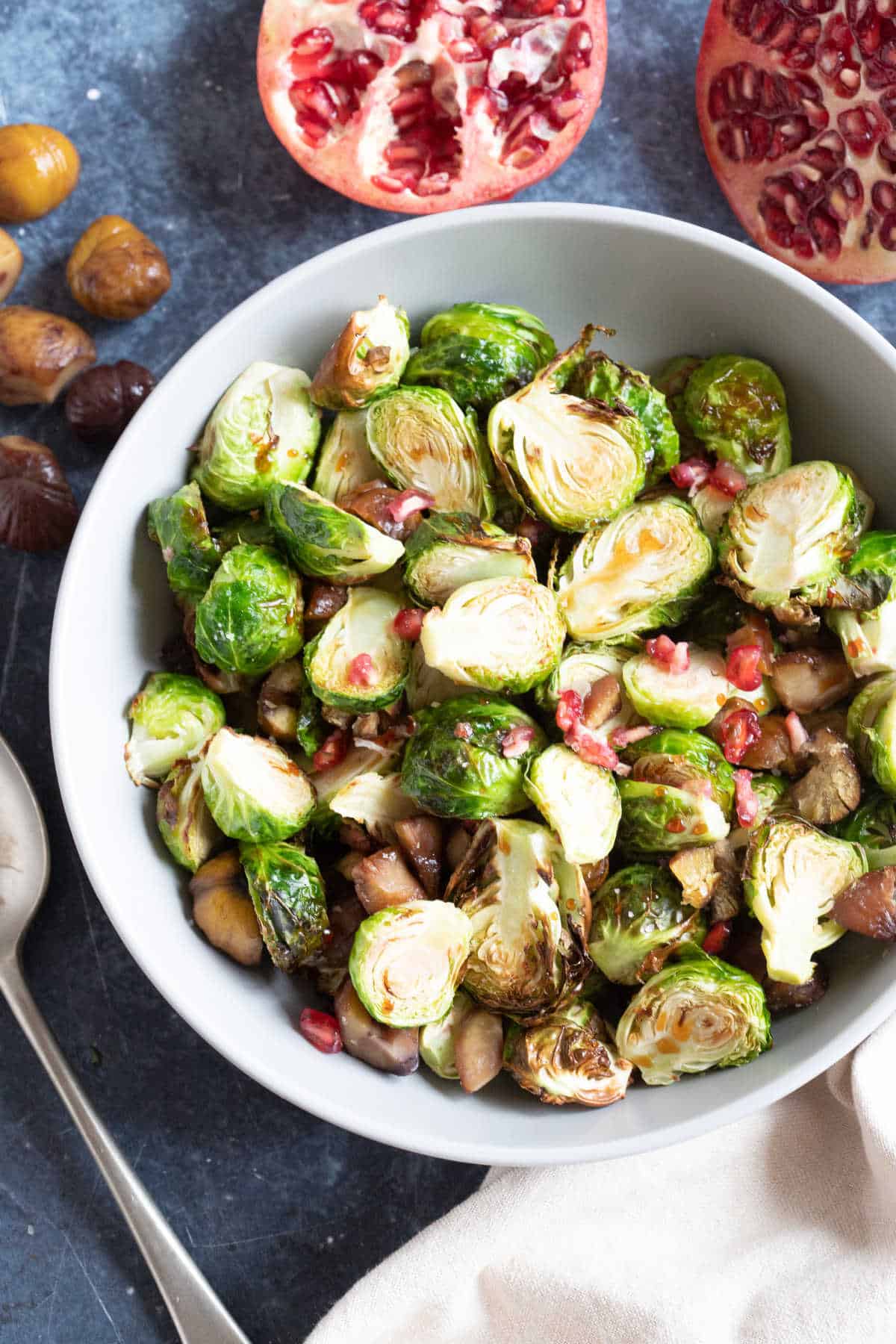 Crispy air fryer brussels sprouts with chestnuts.