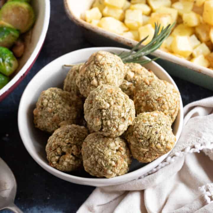 Air fryer stuffing balls in a bowl.