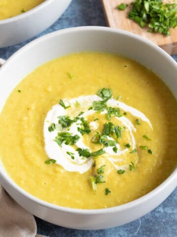 A bowl of curried parsnip and Bramley apple soup.