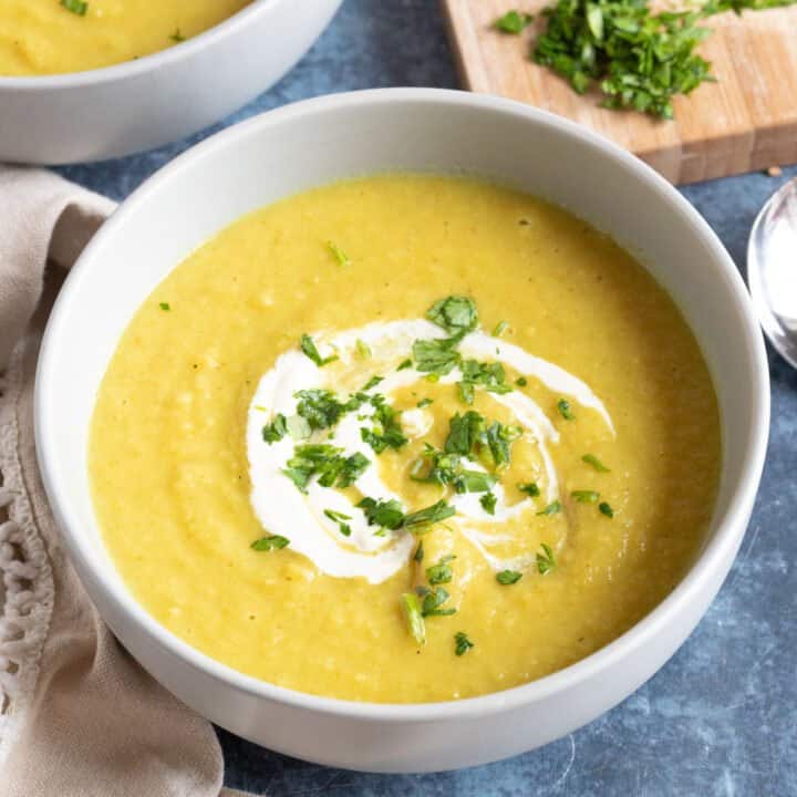 A bowl of curried parsnip and Bramley apple soup.