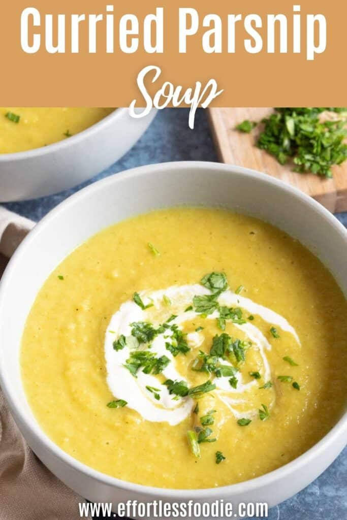 Curried parsnip soup pin image.