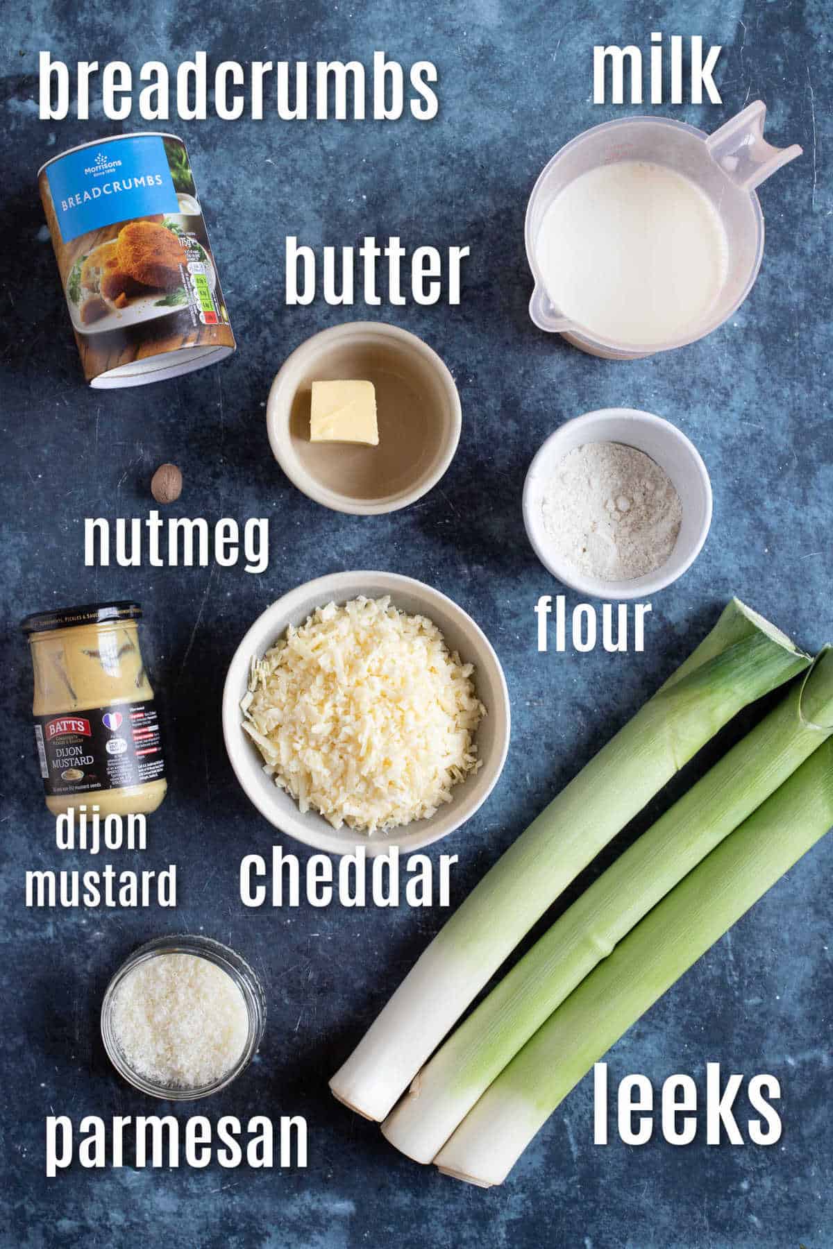 Ingredients for cheesy leeks recipe.