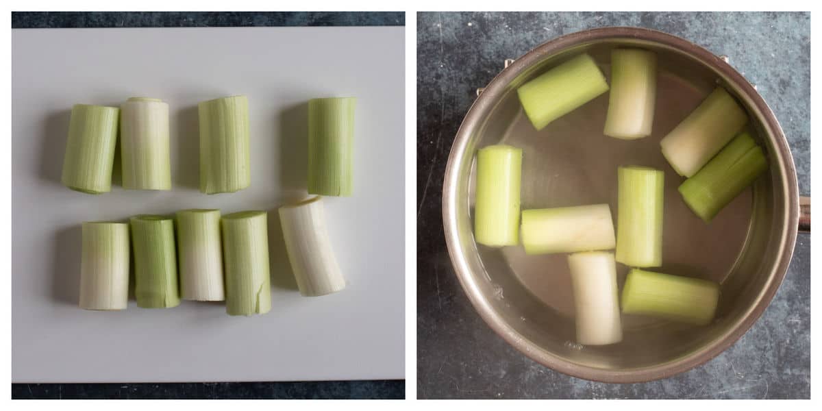 Preparing the leeks for the leeks in cheese sauce recipe.