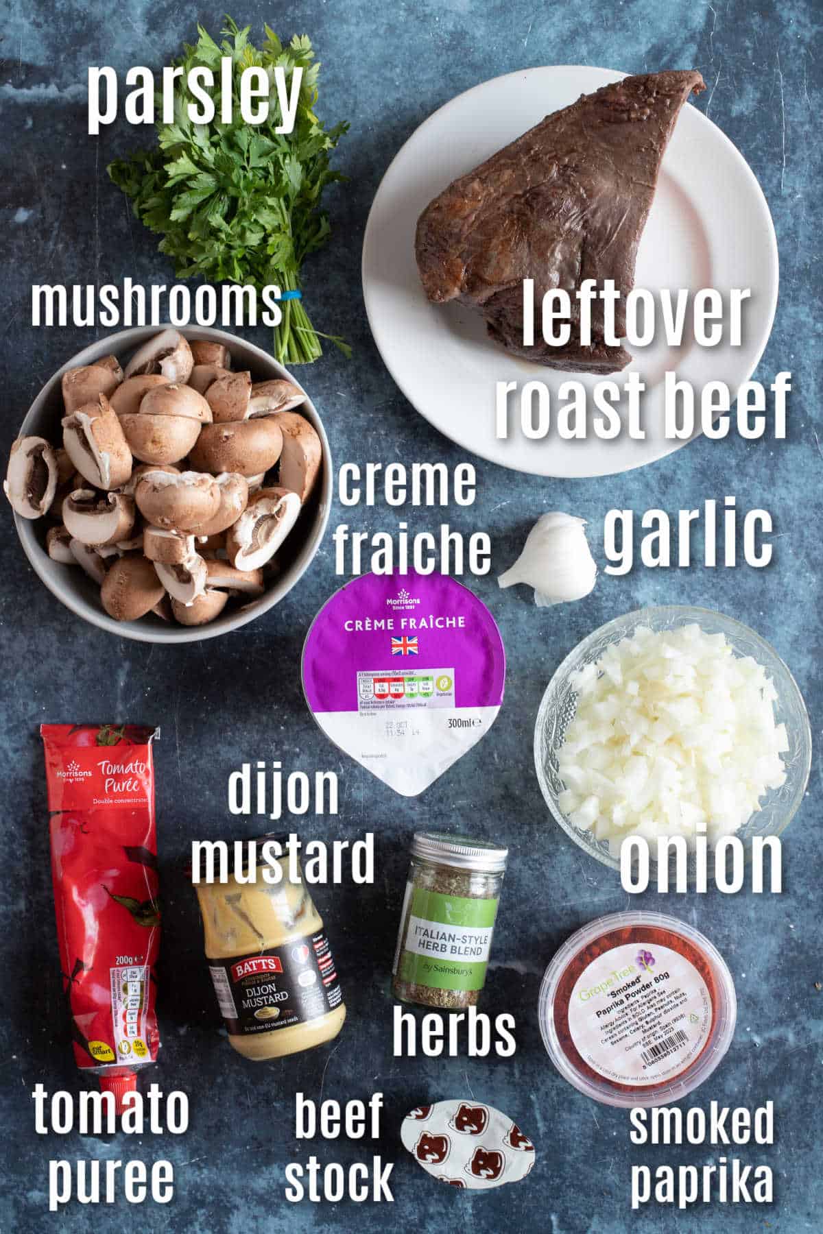 Ingredients needed to make leftover roast beef stroganoff.