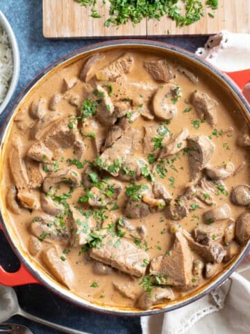 Leftover roast beef stroganoff with parsley.