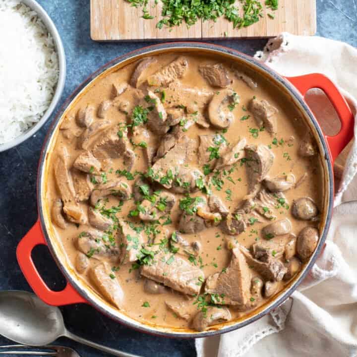 Leftover roast beef stroganoff with parsley.