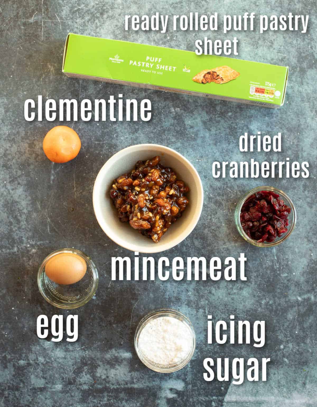 Ingredients needed to make mincemeat pinwheels.