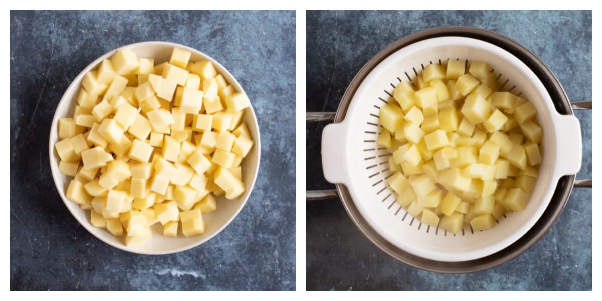 Cutting potatoes into cubes for Parmentier potatoes.