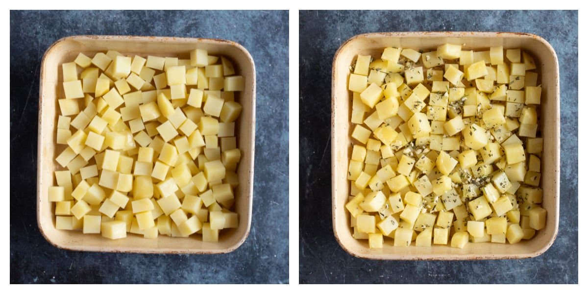 Roasting Parmentier potatoes with garlic and herbs.