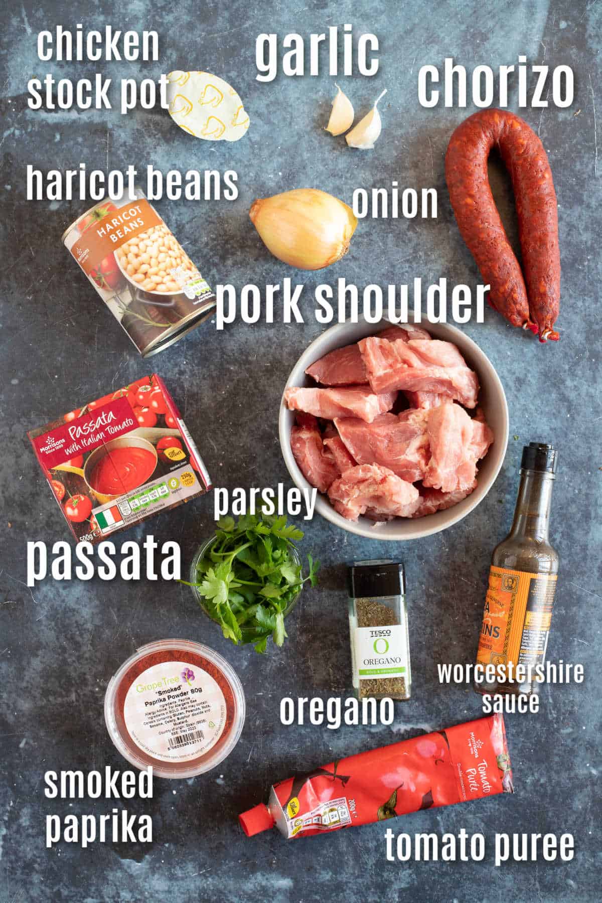 Ingredients needed to make pork and chorizo stew.