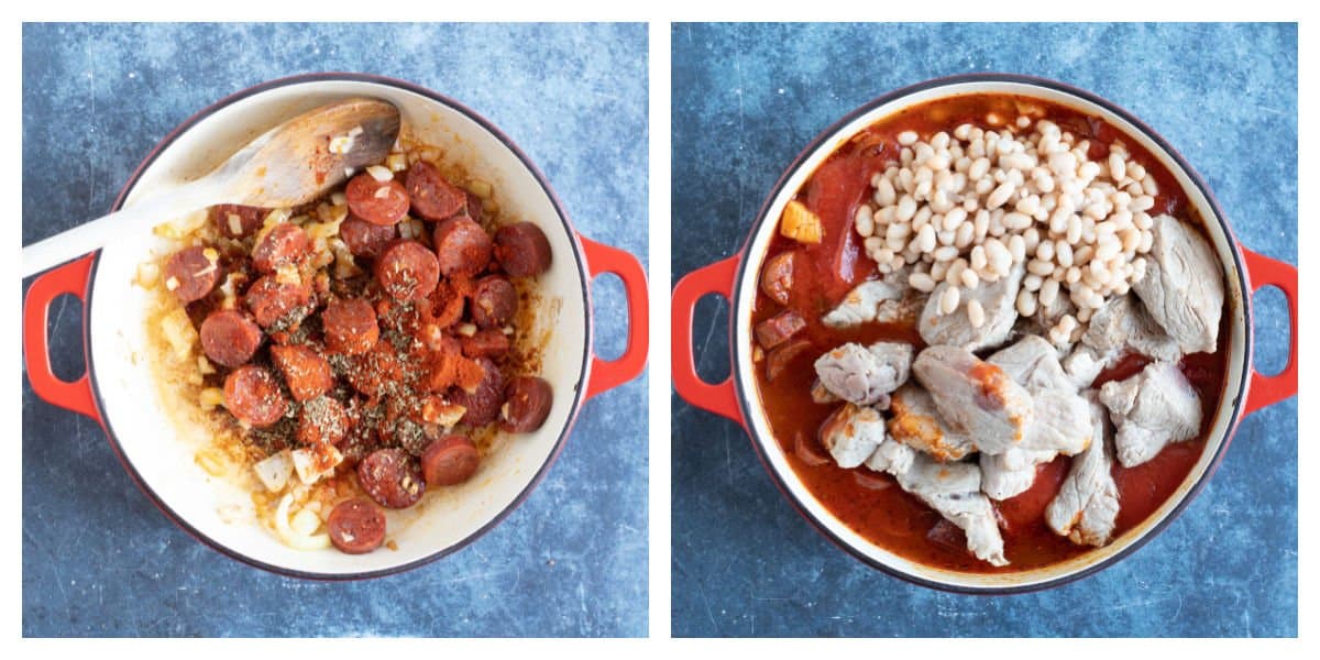 Simmering the pork and chorizo stew.