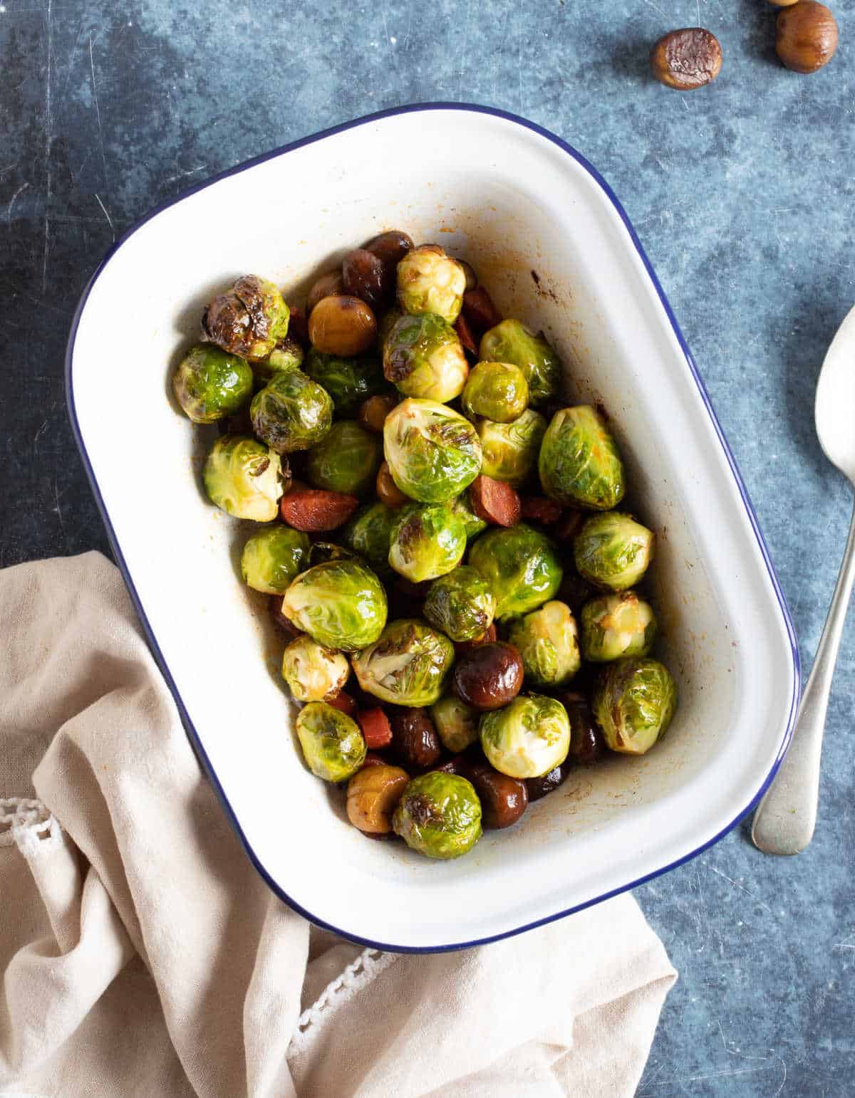 Roasted Brussels Sprouts with chorizo and chestnuts.