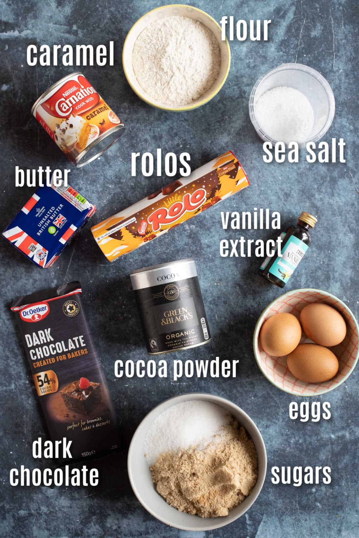 Ingredients needed to make rolo brownies.