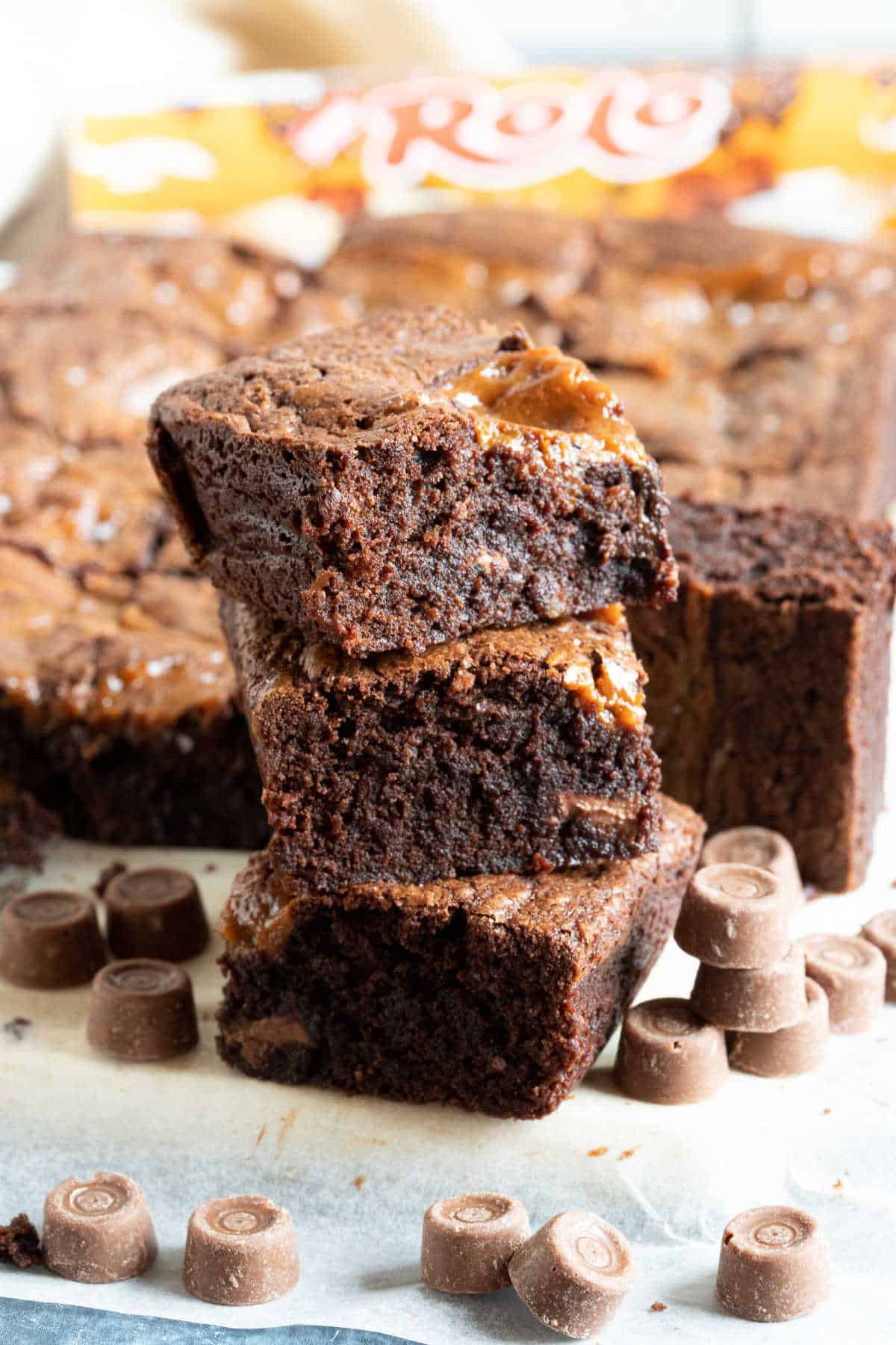 A stack of caramel rolo brownies.