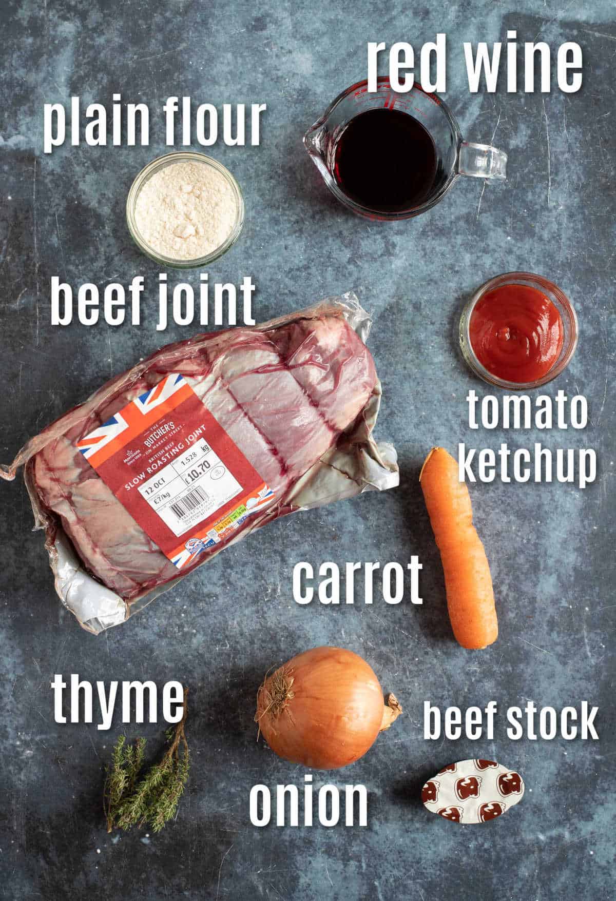 Ingredients needed to make easy slow cooker roast beef.