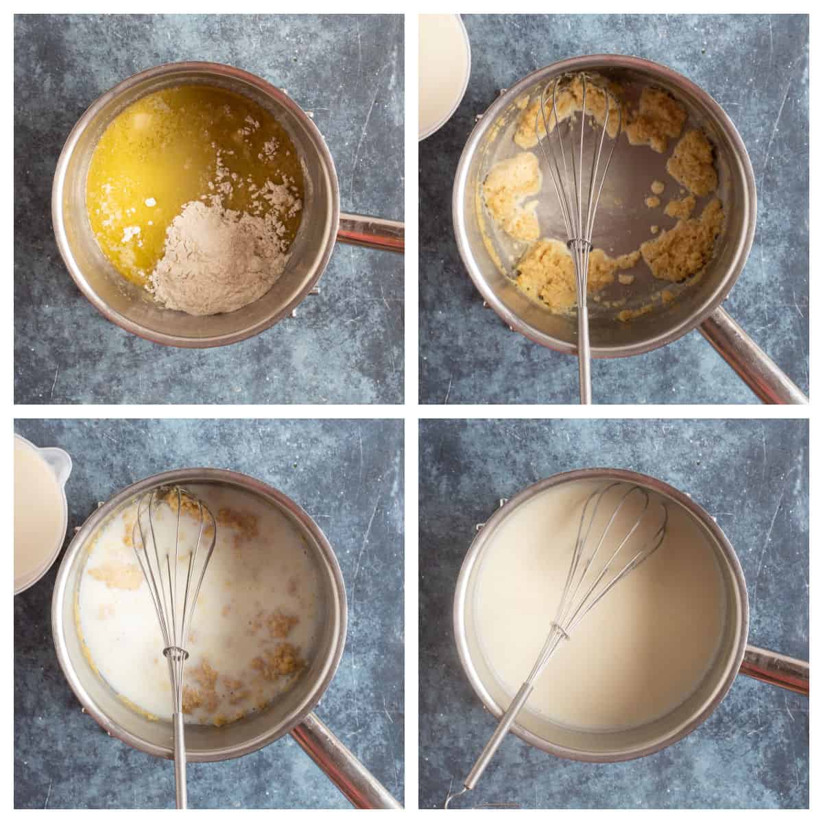 Step by step photo instructions for making a cheese sauce for cauliflower cheese.