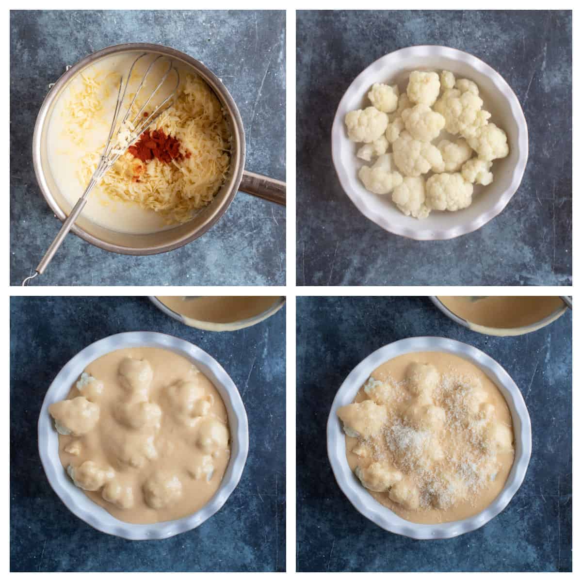 Assembling the cauliflower cheese for the oven.