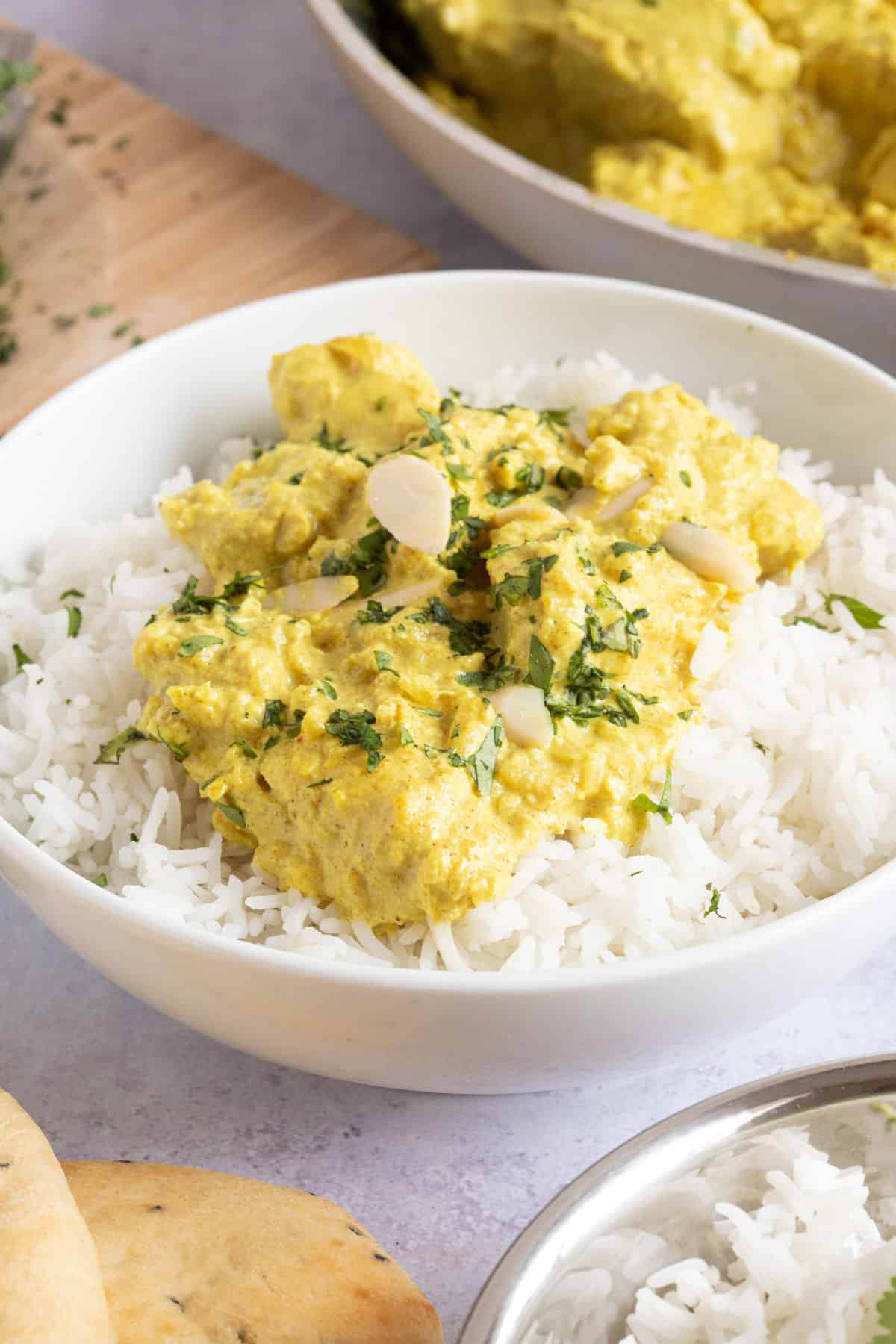 A bowl of chicken pasanda with rice.