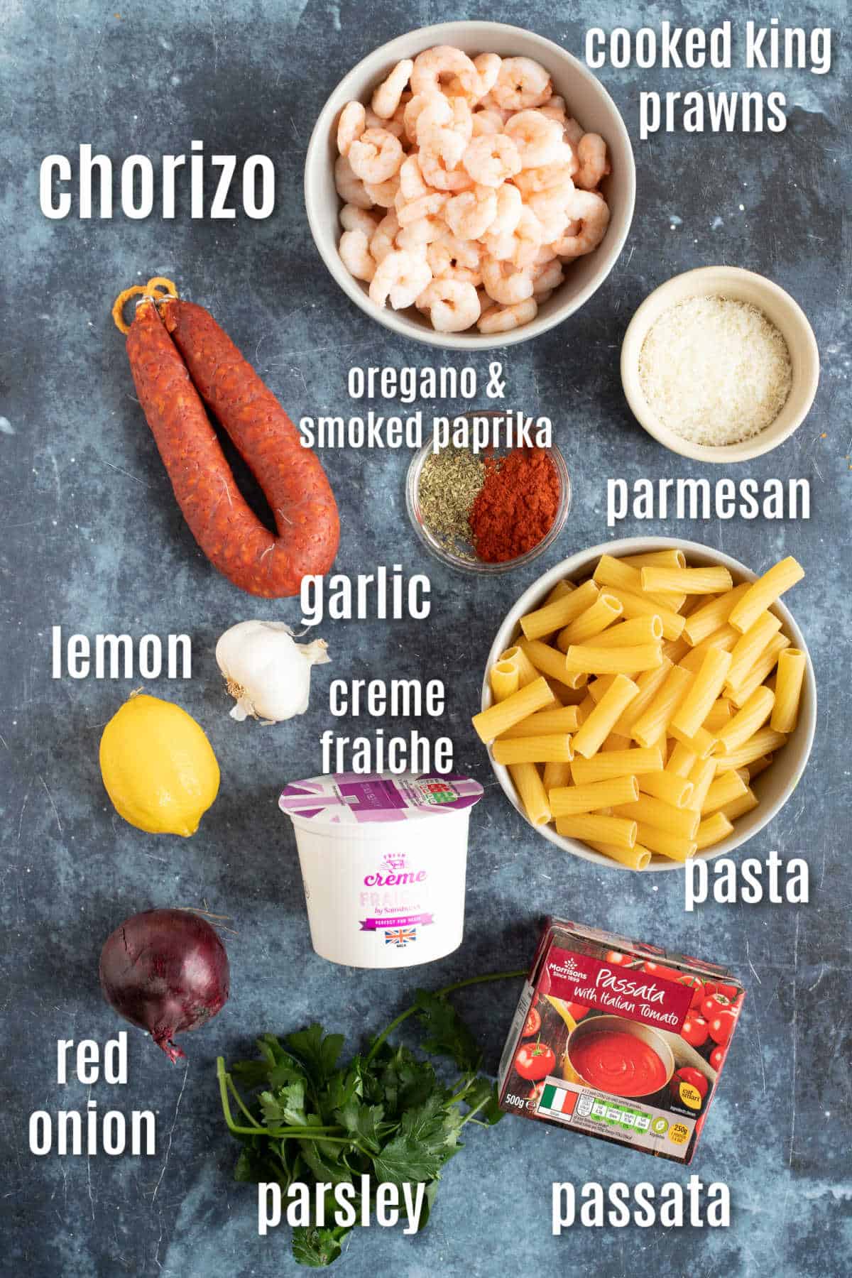 Ingredients for chorizo and prawn pasta.