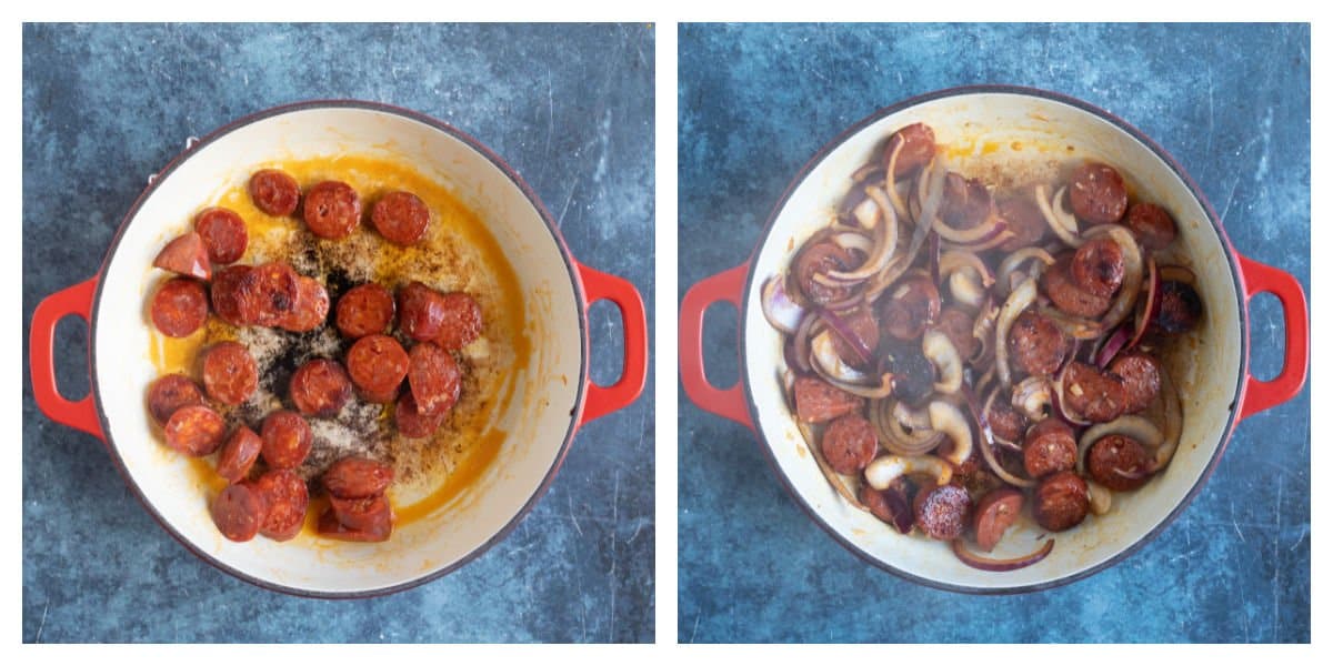 Frying the chorizo in pan.