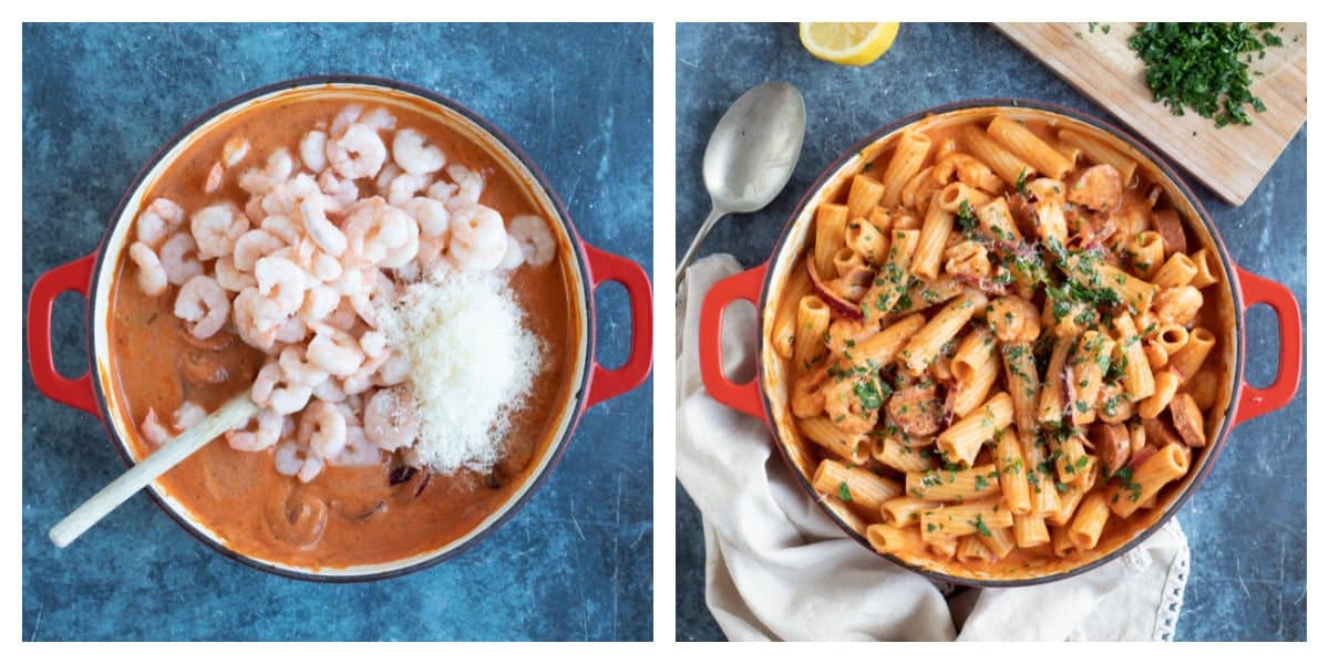 Creamy chorizo and prawn pasta with parsley.