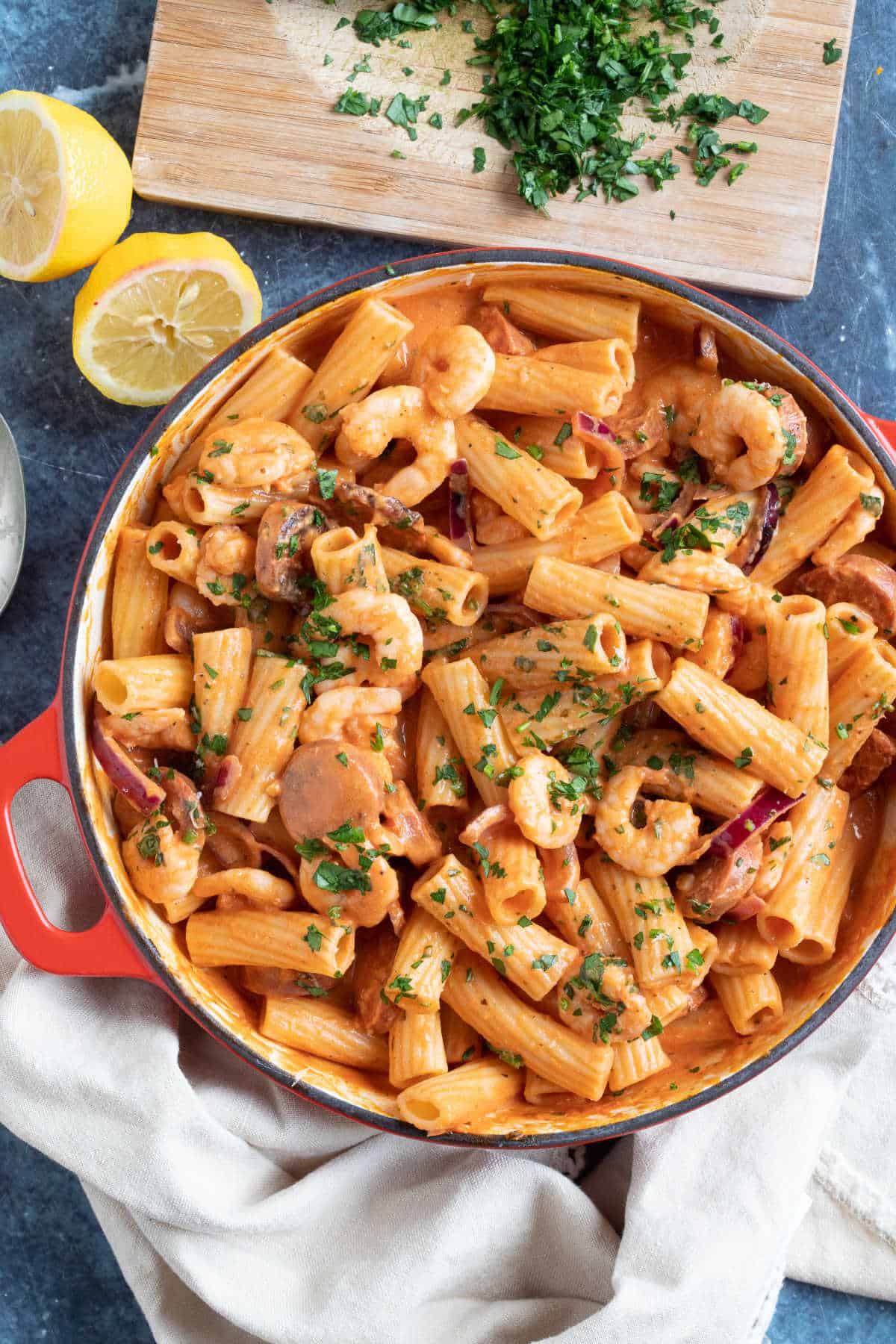 Chorizo and prawn pasta with lemon and parsley.