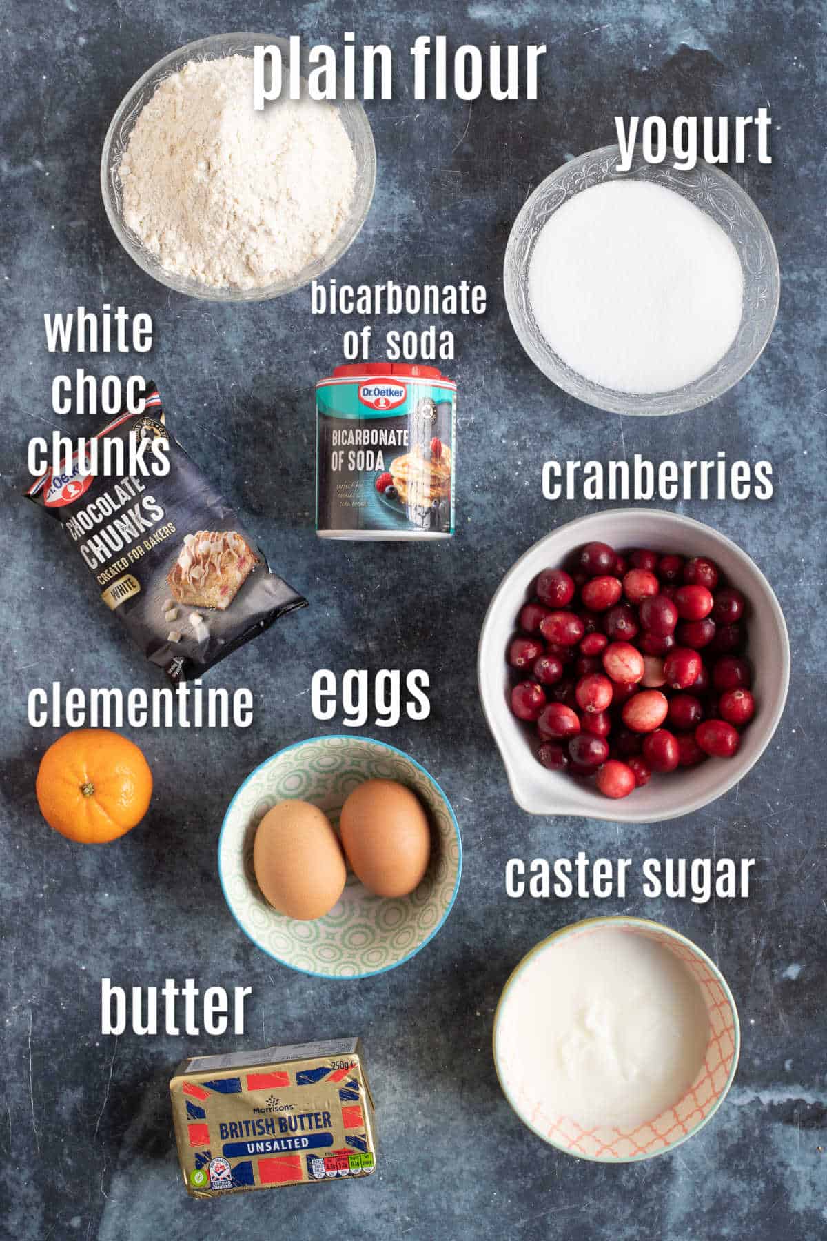 Ingredients needed to make fresh cranberry muffins.