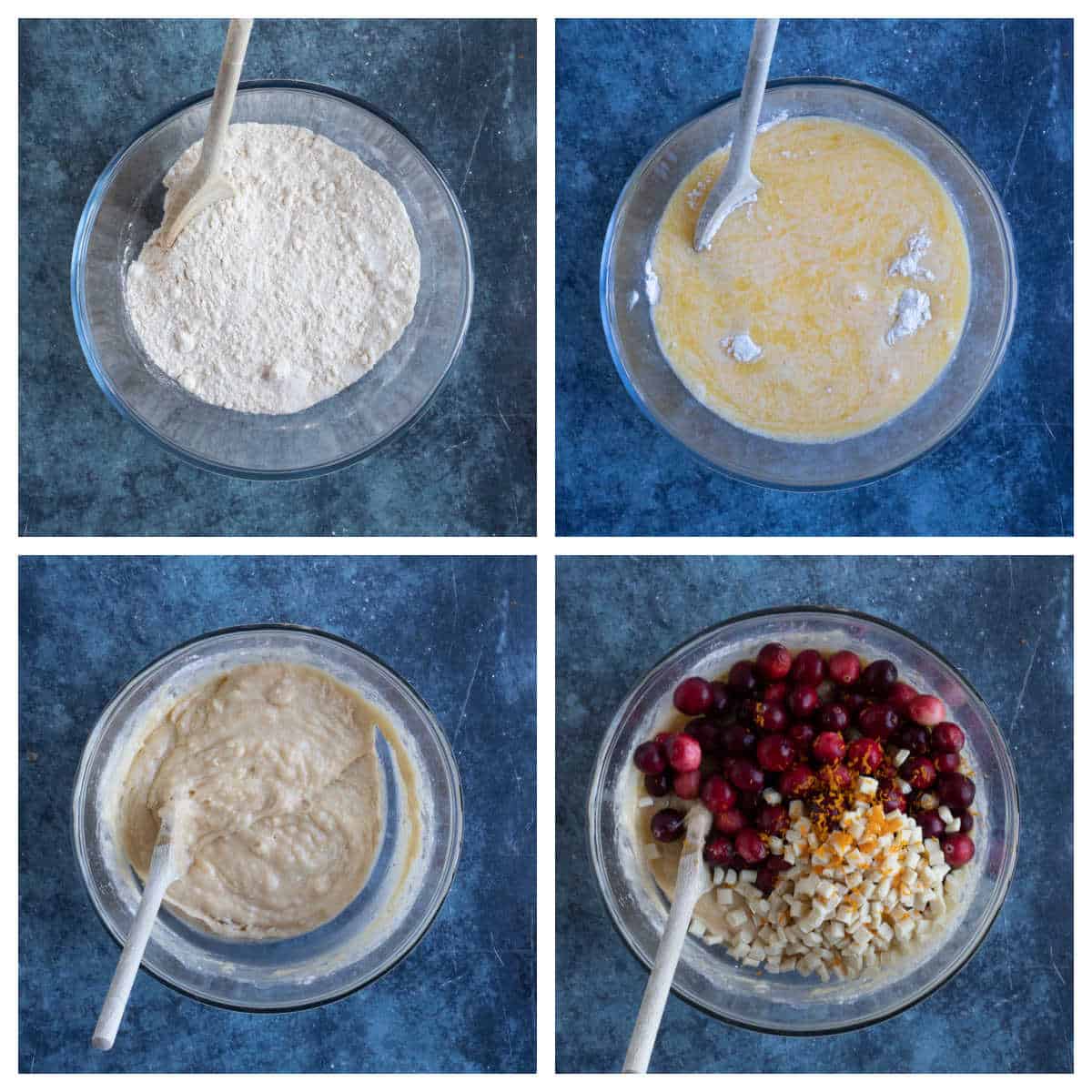 Making the cranberry muffin batter in a bowl.