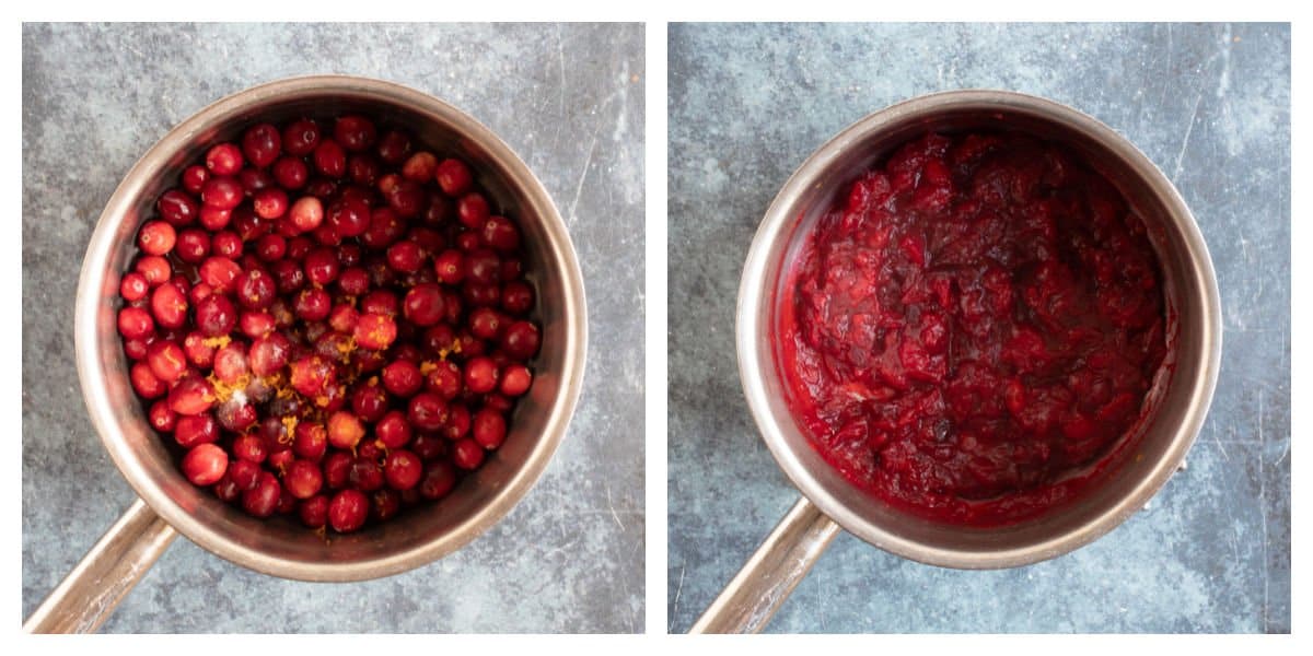 Making cranberry sauce in a pan on the hob.