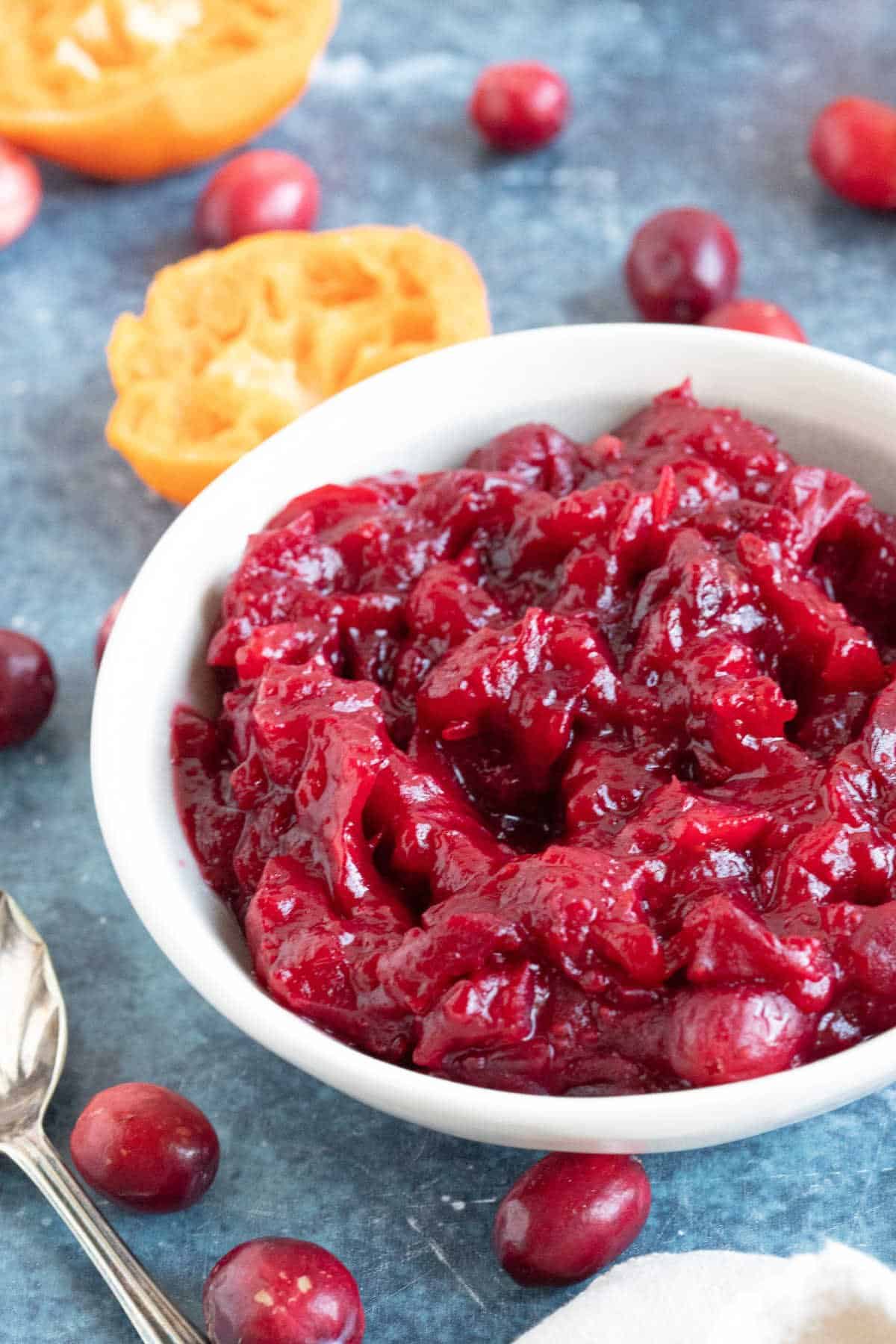 A bowl of homemade cranberry sauce.